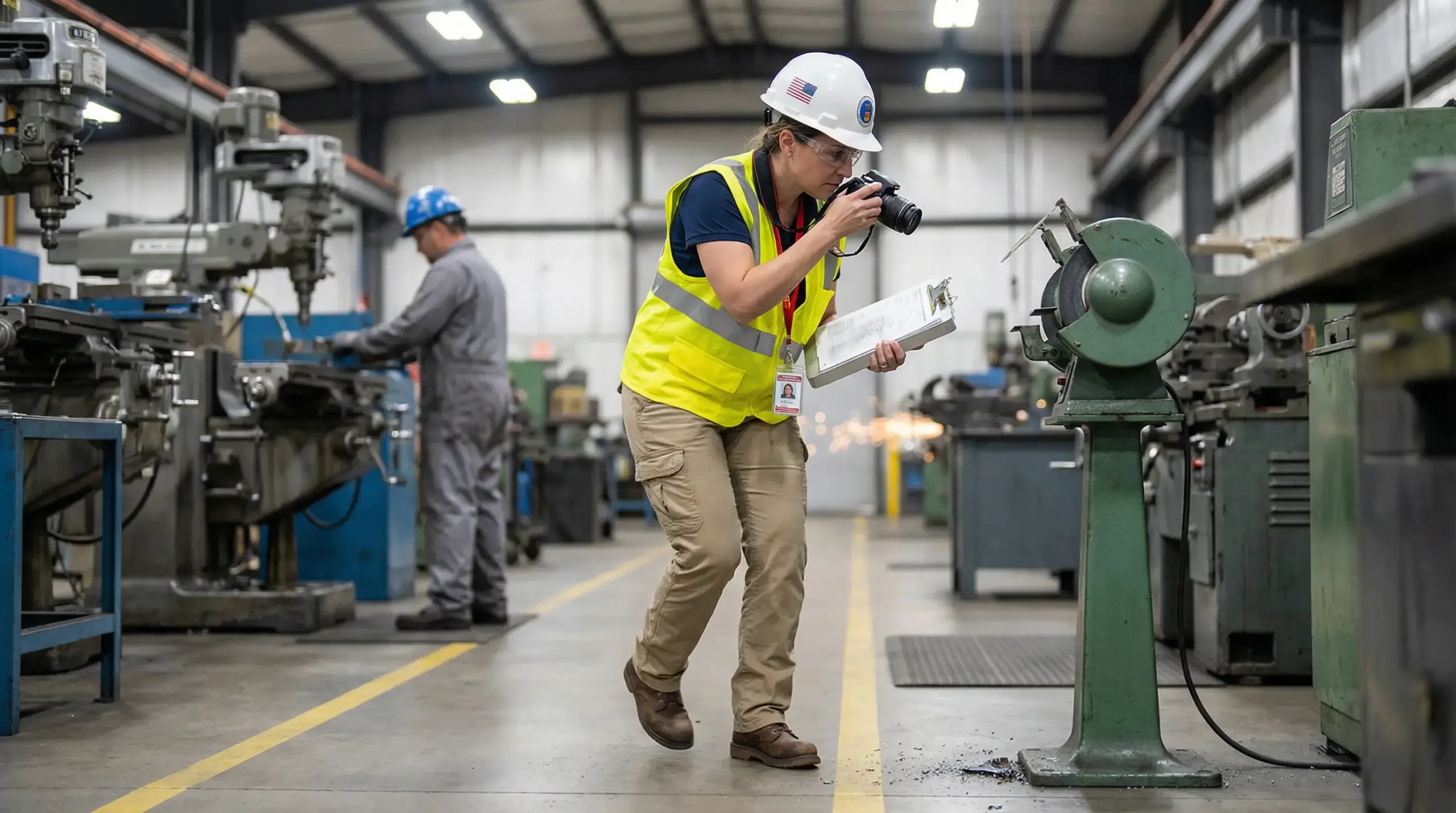 Industrial inspector in safety gear documenting machinery in a manufacturing facility with fellow workers.