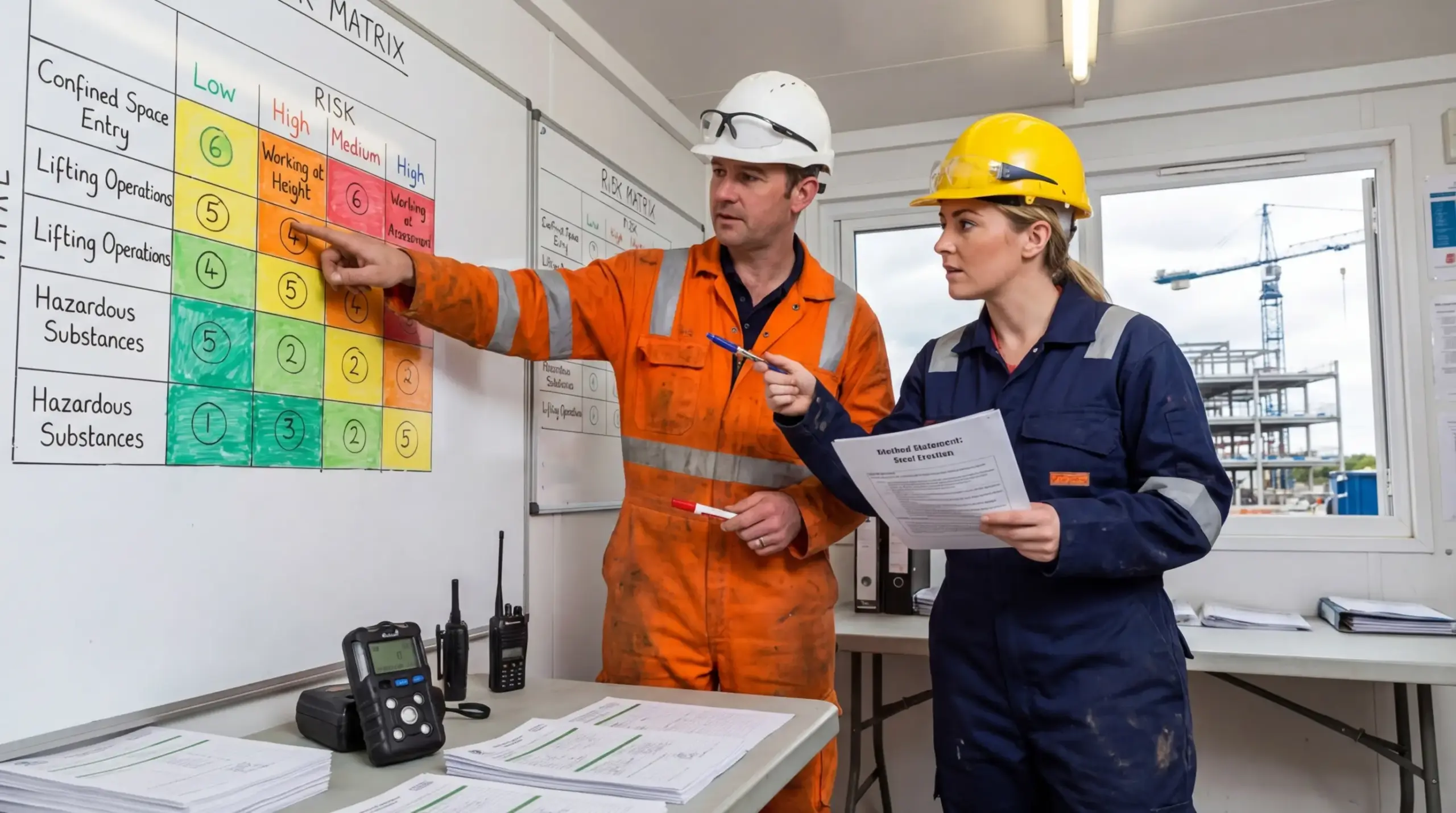 Two professionals in PPE discussing a hand-drawn Risk Matrix on a whiteboard to evaluate on-site industrial hazards.