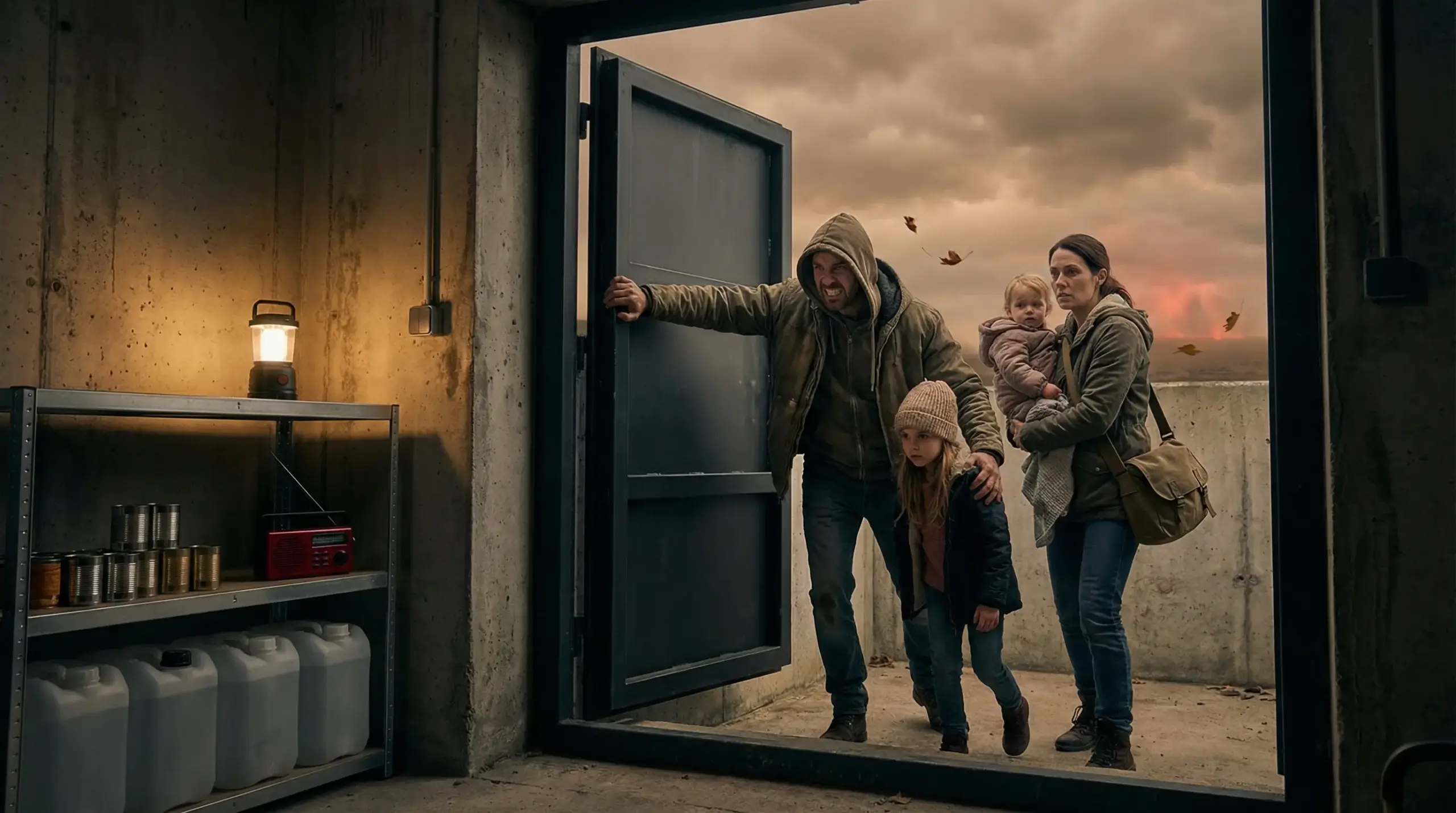 A family of four stands at a concrete bunker doorway, with supplies visible inside, looking out at a dramatic cloudy sky with falling leaves.