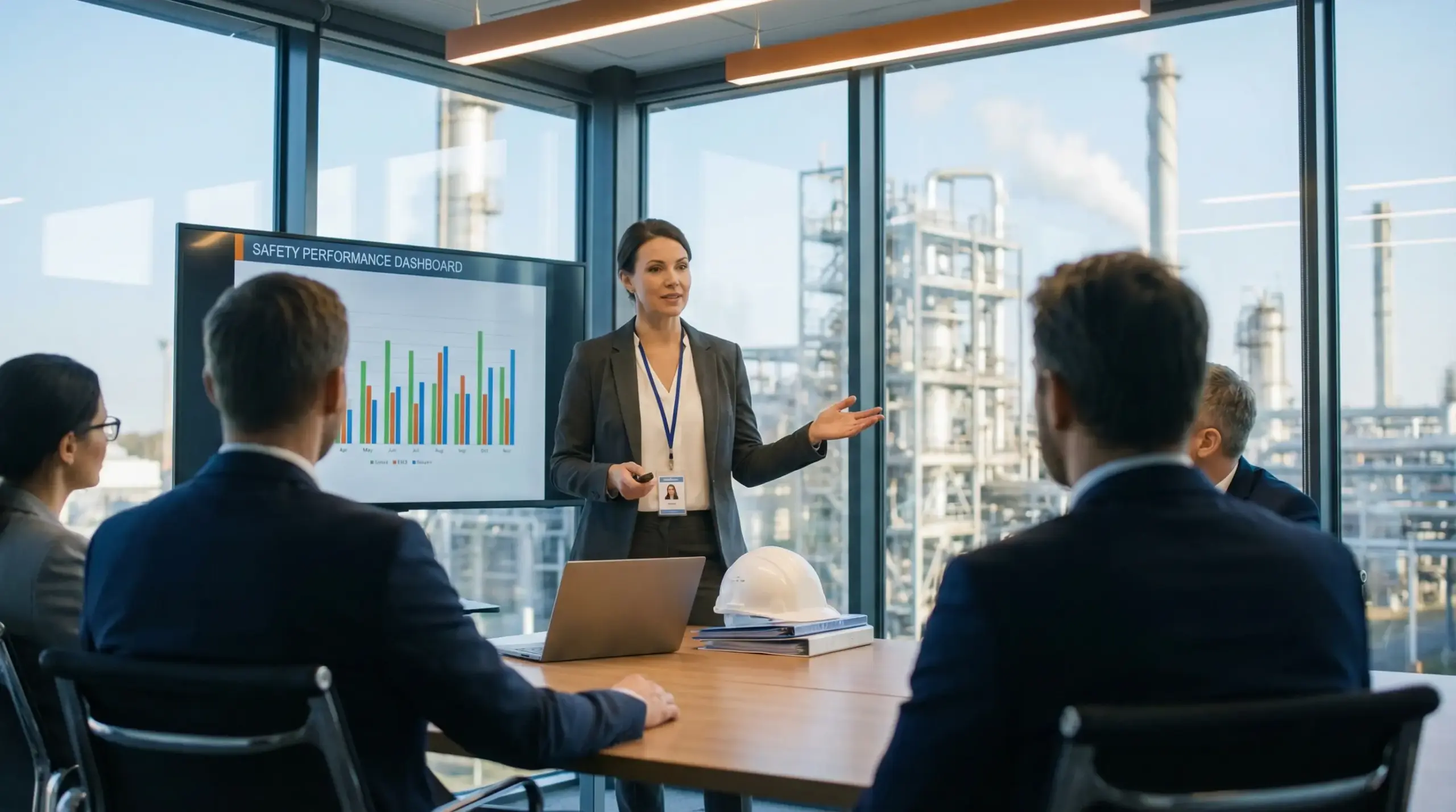 A woman presents a safety performance dashboard to colleagues in a modern high-rise conference room overlooking an industrial facility.