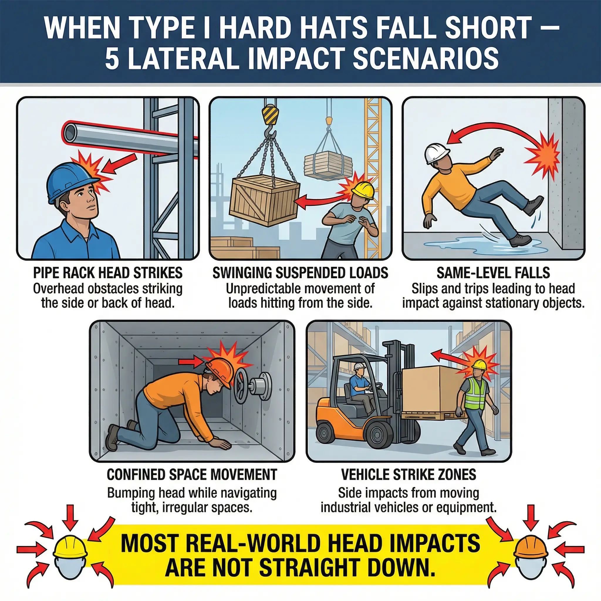 Infographic showing five lateral head impact scenarios when hard hats fall short: pipe strikes, swinging loads, same-level falls, confined space bumps, and vehicle strikes.