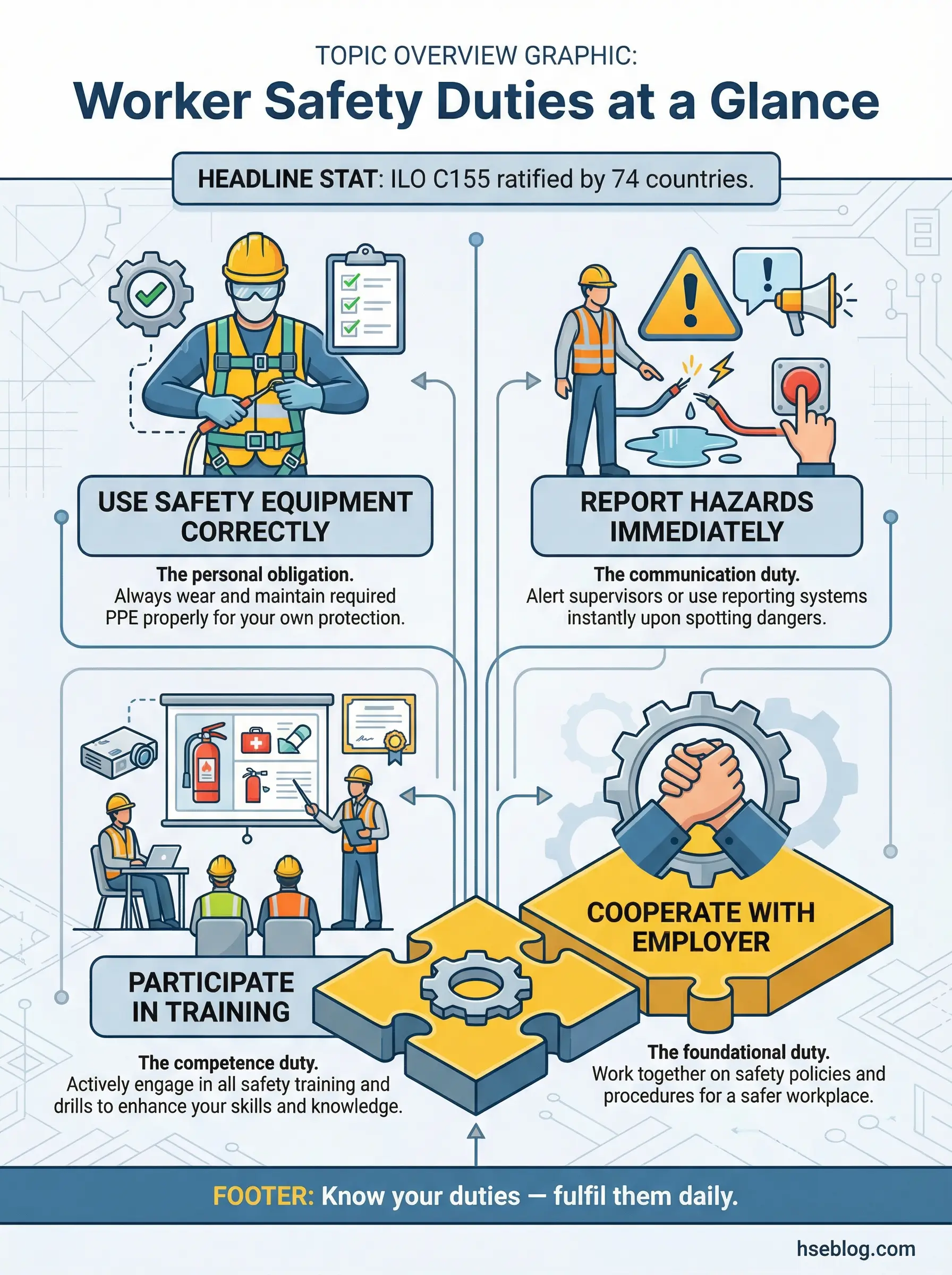 Infographic showing four core worker safety duties: using safety equipment correctly, reporting hazards immediately, participating in training, and cooperating with employer on workplace safety pol...