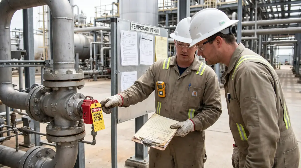 Two industrial workers in safety gear inspect equipment at a refinery, reviewing documentation at a valve station marked with a danger tag.