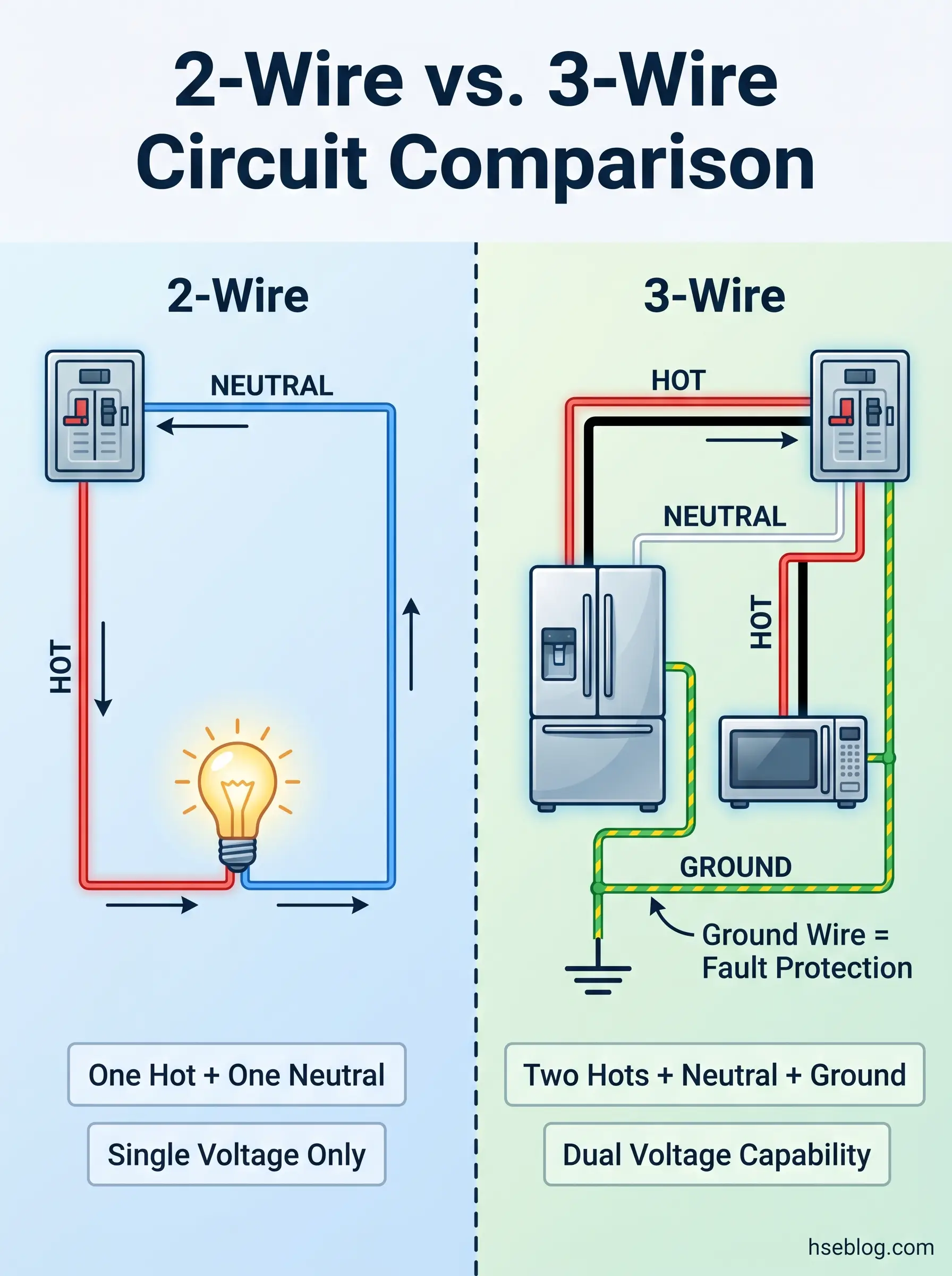 Diagram comparing 2-wire and 3-wire electrical circuits, showing components, wiring configurations, and key differences in voltage capability and safety features.