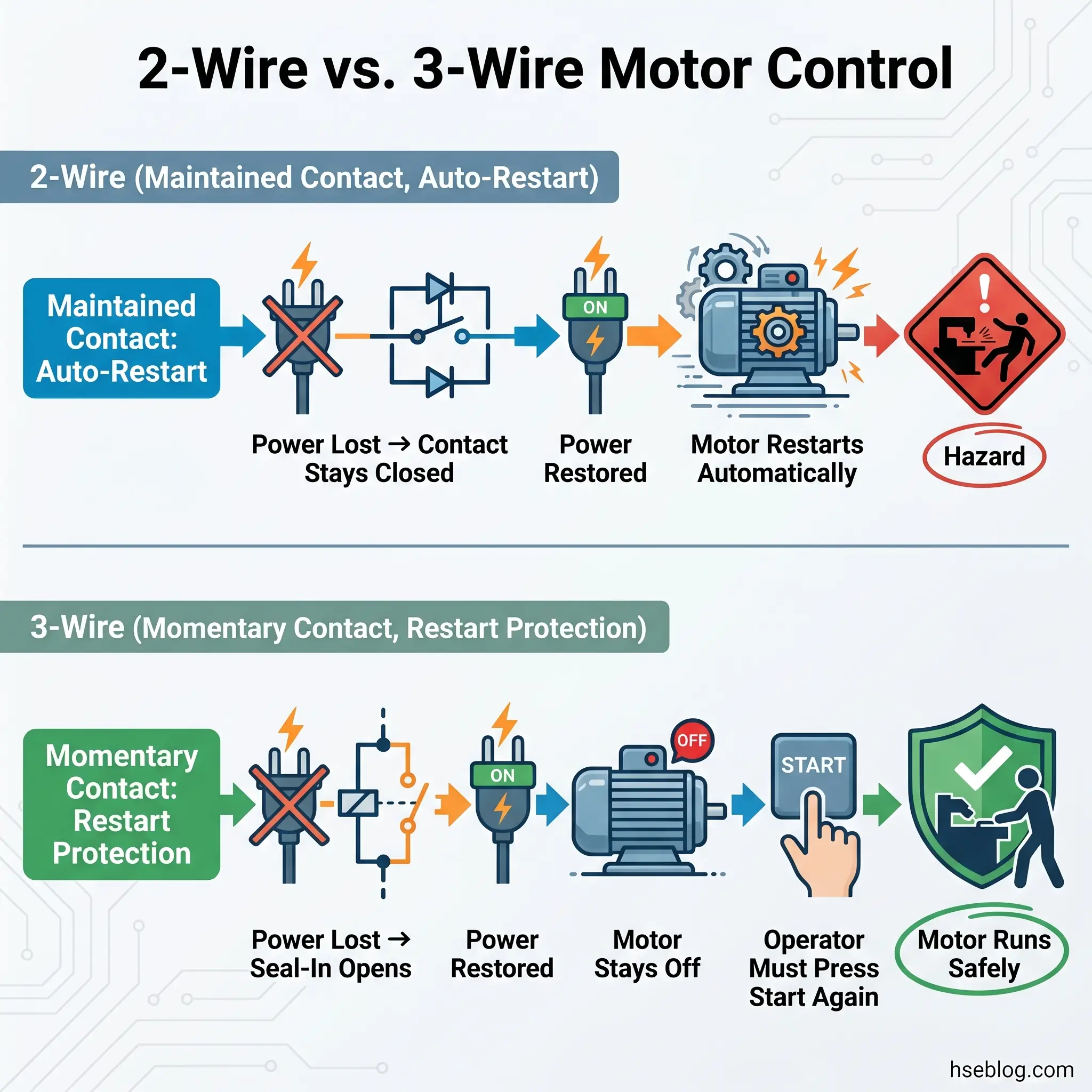 Comparison diagram showing 2-wire motor control with auto-restart hazard versus safer 3-wire control requiring manual restart after power loss.
