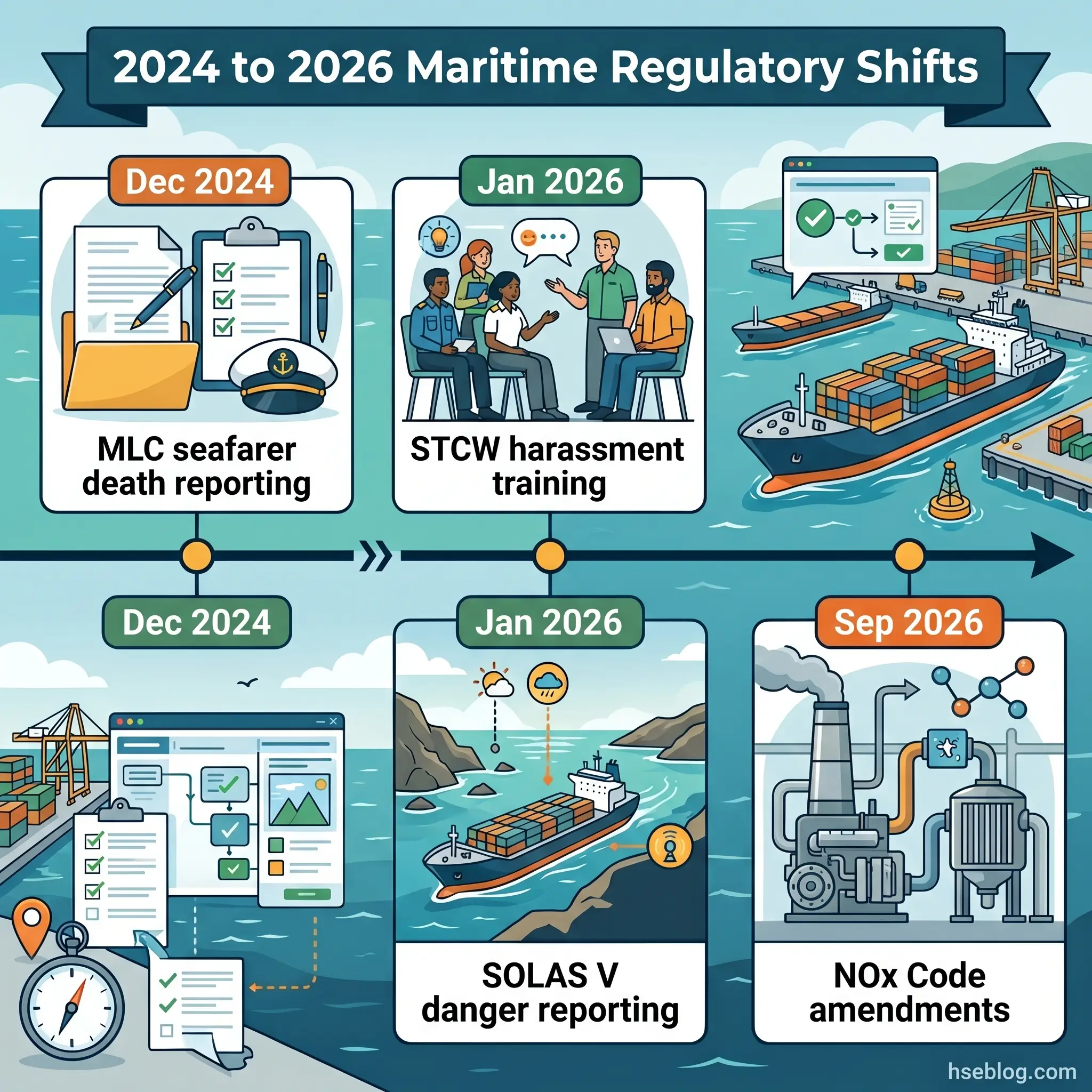 Timeline infographic showing six maritime regulatory changes from December 2024 to September 2026, including seafarer death reporting, harassment training, danger reporting, and emissions code amendments.