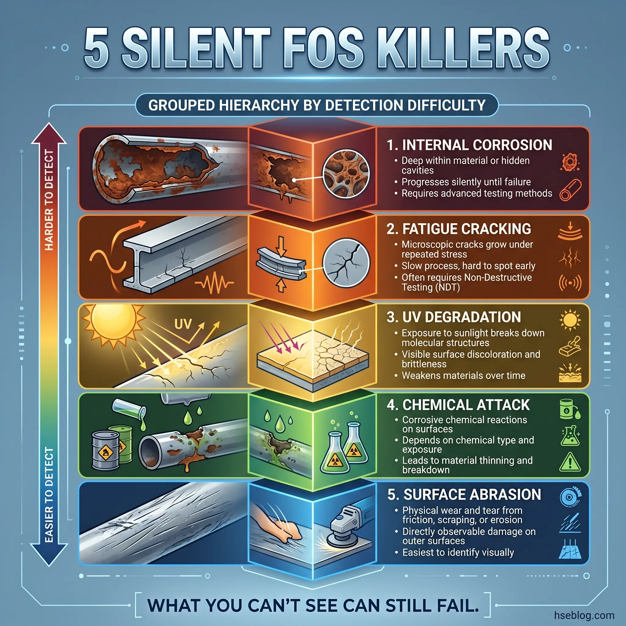 Infographic showing five silent failure modes in materials ranked by detection difficulty, from internal corrosion and fatigue cracking to UV degradation, chemical attack, and surface abrasion, with visual examples and icons.
