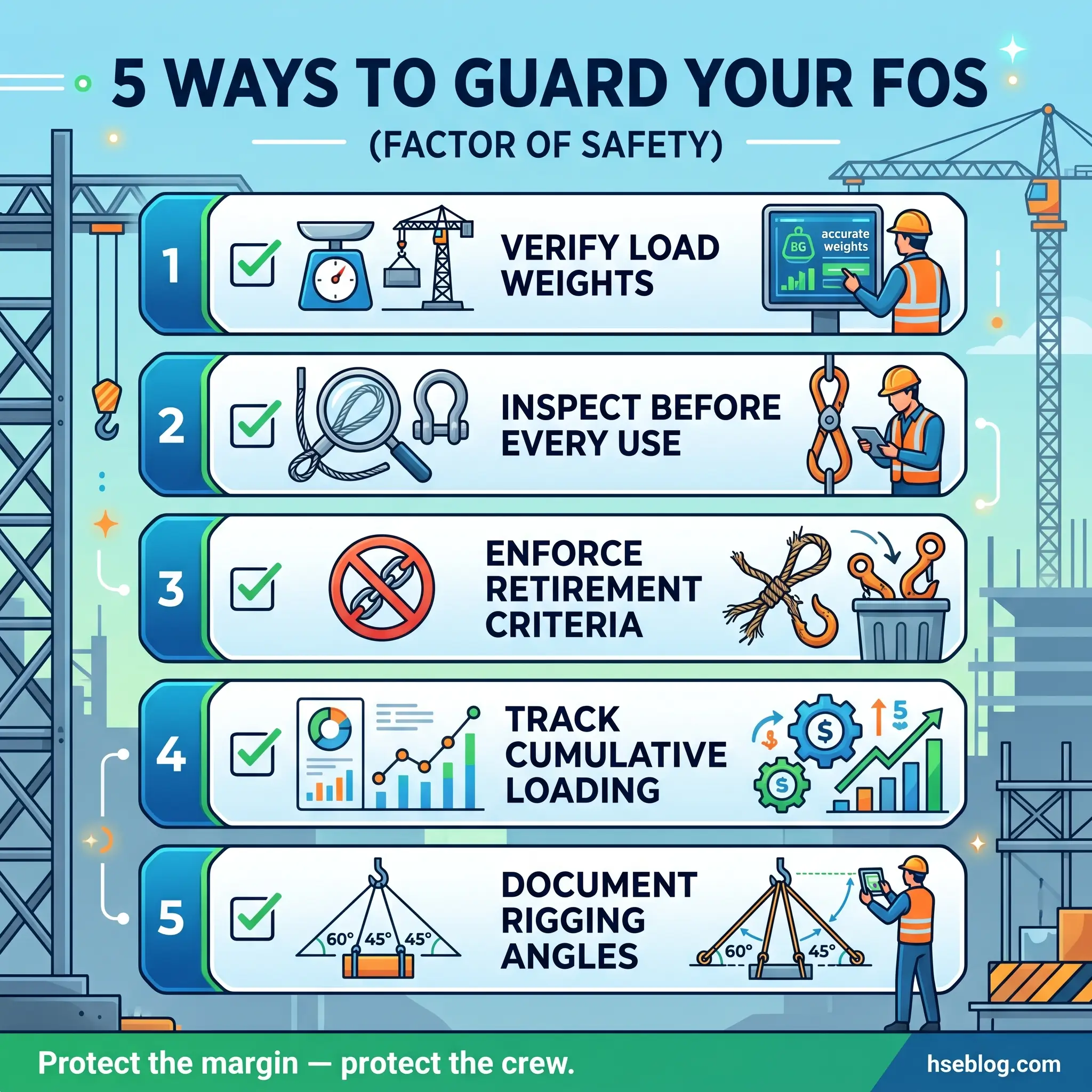 Infographic displaying 5 safety methods for Factor of Safety in rigging and lifting operations, including load verification, inspections, retirement criteria, cumulative loading tracking, and rigging angle documentation, set in an industrial construction environment.