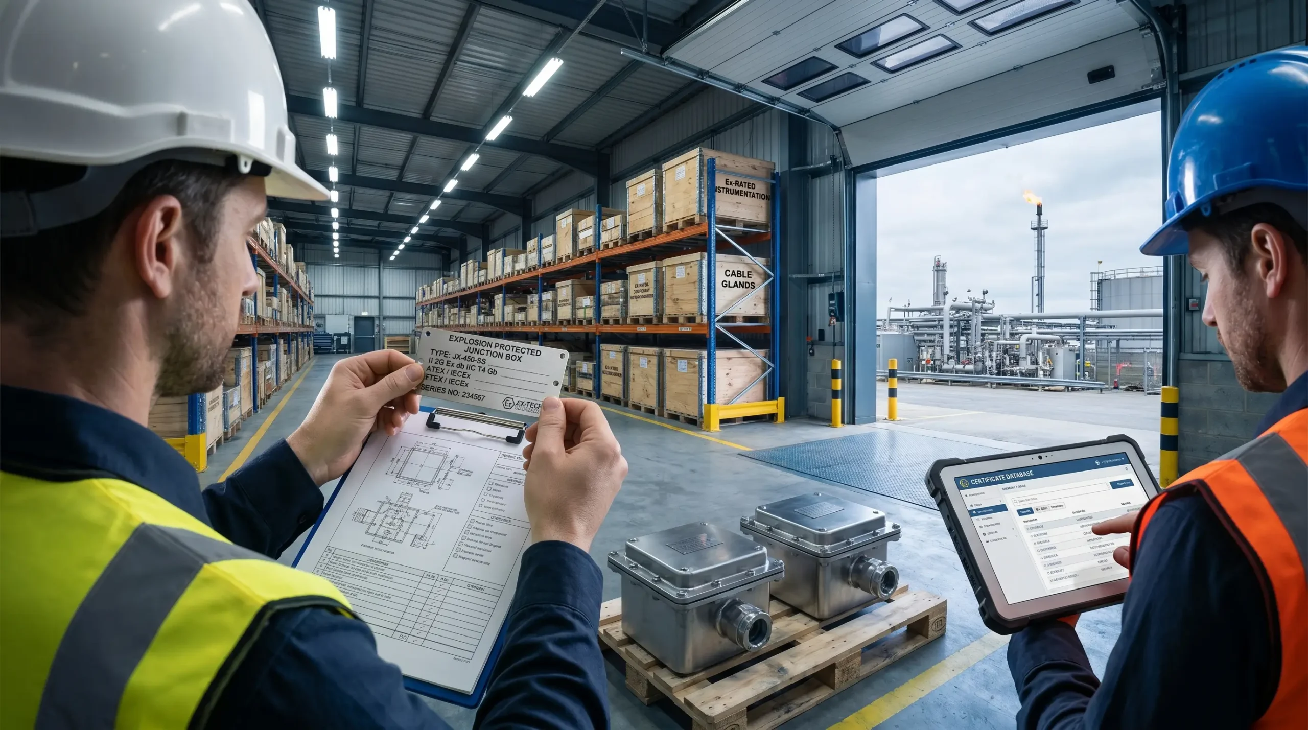 Two industrial workers in safety gear inspect explosion-protected equipment in a warehouse, with one reviewing documentation and the other checking digital records on a tablet.