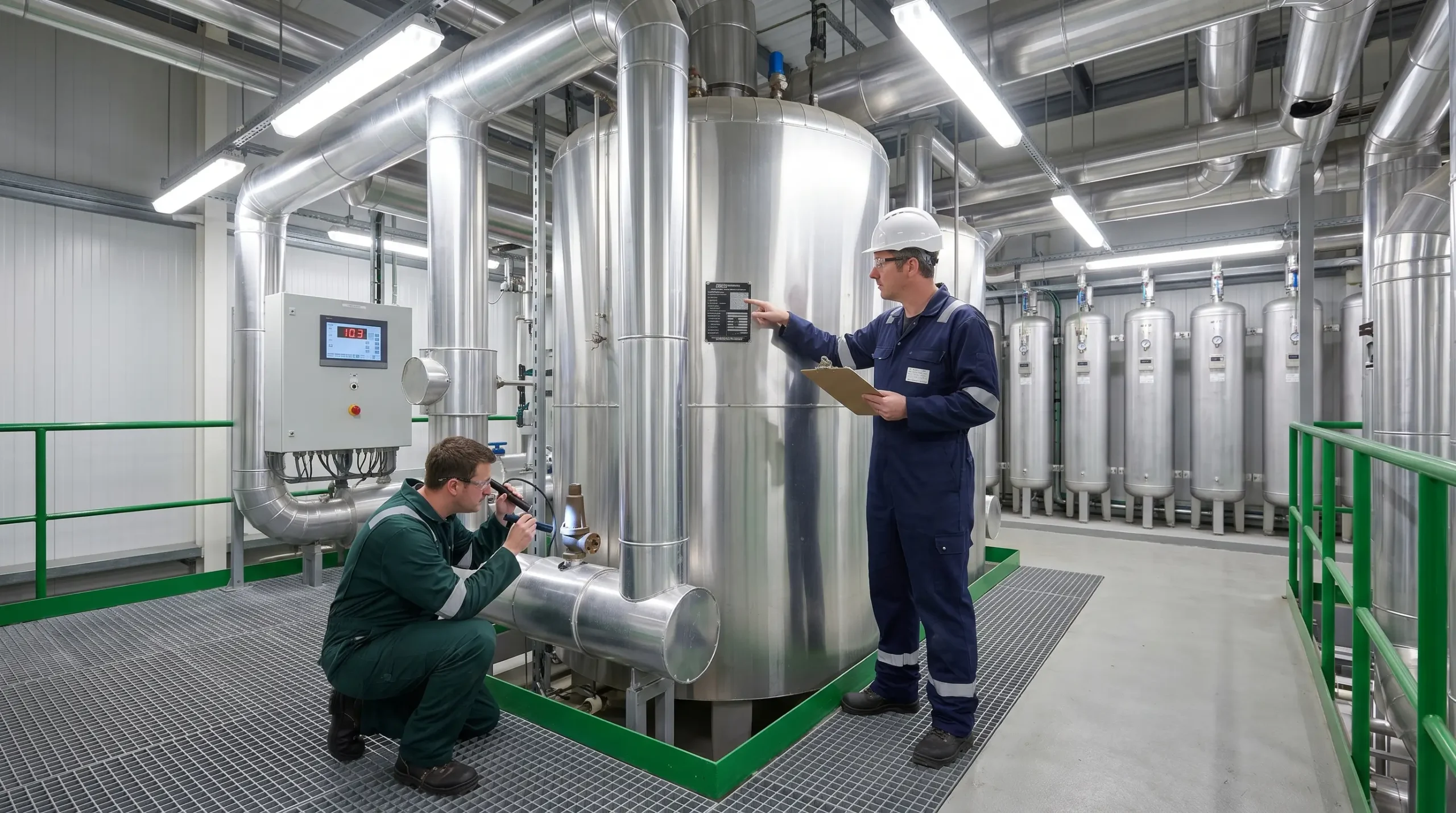 Two industrial workers inspect equipment in a modern manufacturing facility with large stainless steel tanks, piping systems, and control panels illuminated by bright overhead lighting.