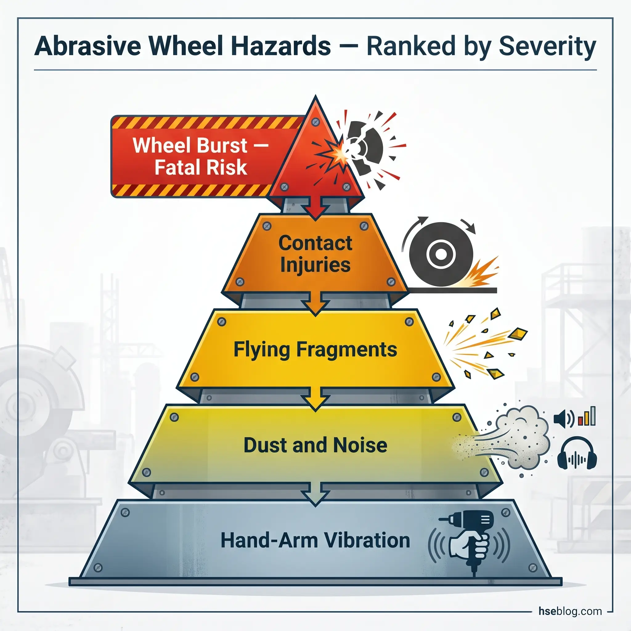 Pyramid diagram showing abrasive wheel hazards ranked by severity from most to least dangerous: wheel burst at top, followed by contact injuries, flying fragments, dust and noise, and hand-arm vibration at base.