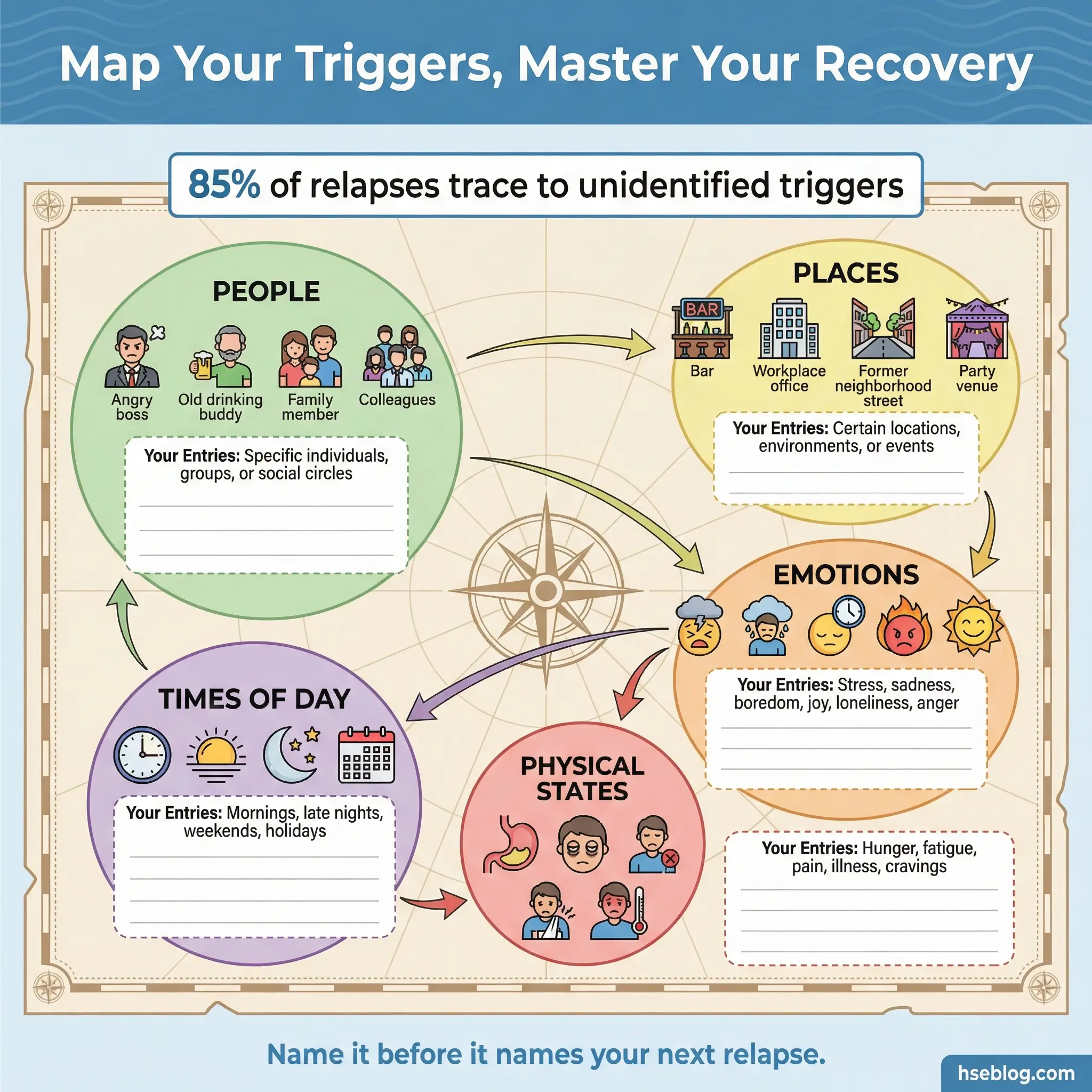 Infographic showing five trigger categories for substance abuse recovery — people, places, emotions, times of day, and physical states — arranged as zones on a visual map template with a headline stat that 85% of relapses trace to unidentified triggers.