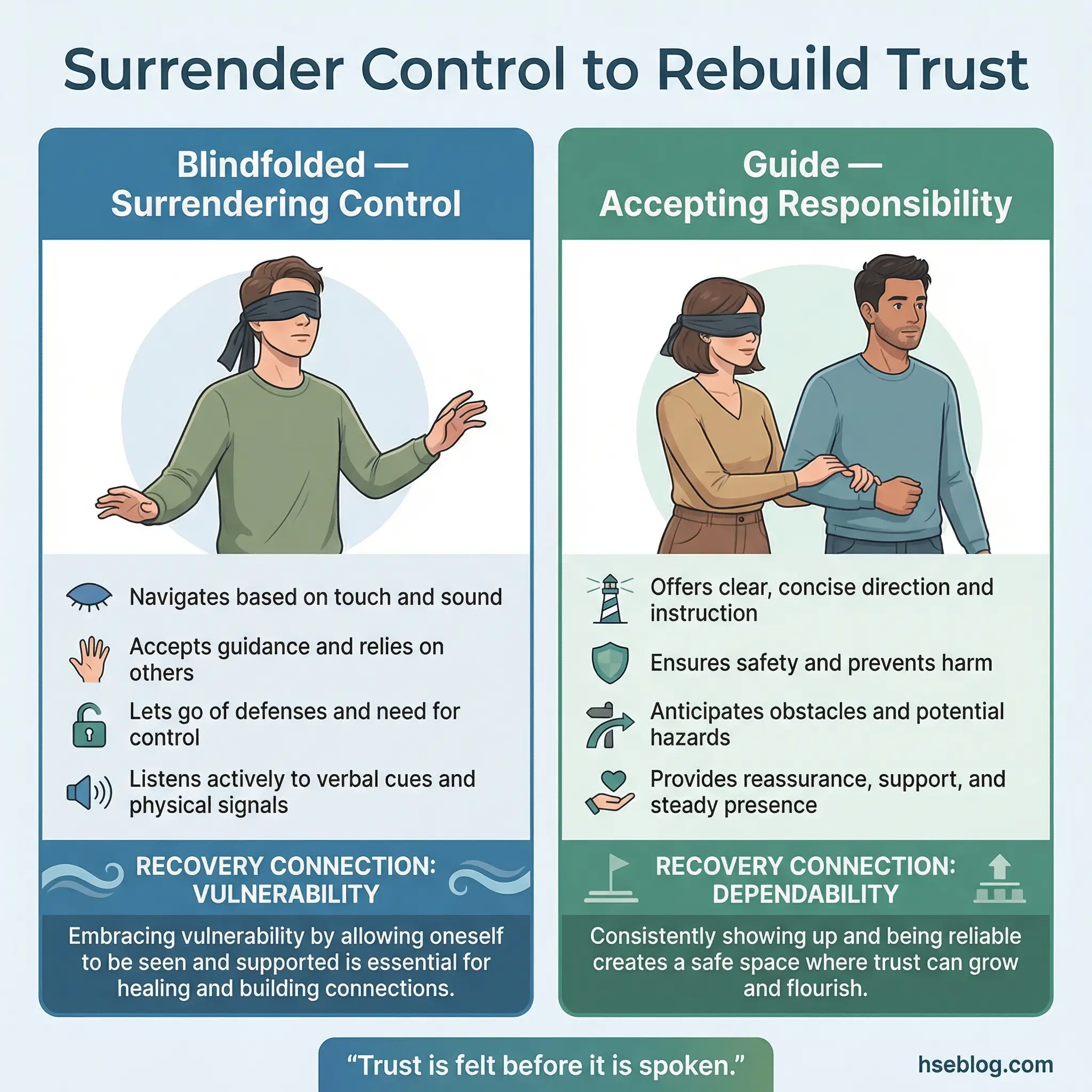 Infographic comparing two roles in the trust walk recovery exercise — the blindfolded participant surrendering control versus the guide accepting responsibility — connected to recovery themes of vulnerability and dependability.