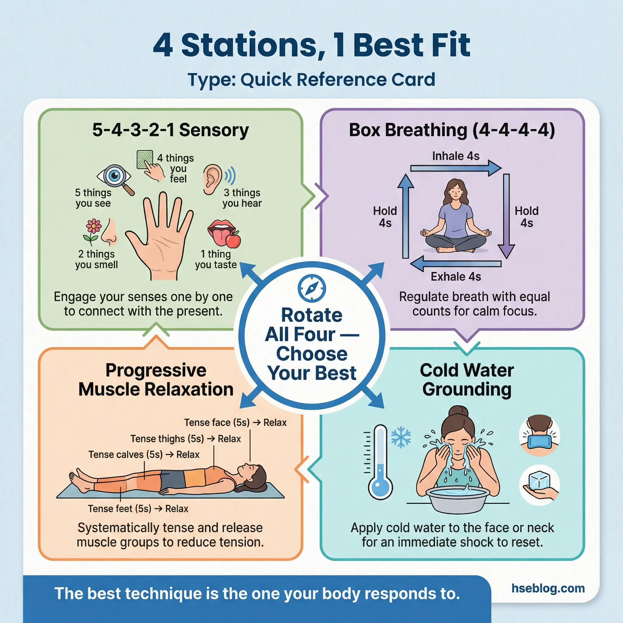 Infographic displaying four grounding technique stations as a visual selection guide — 5-4-3-2-1 sensory grounding, box breathing with a 4-4-4-4 count, progressive muscle relaxation, and cold water grounding — with a central label to rotate all four and choose your best fit.