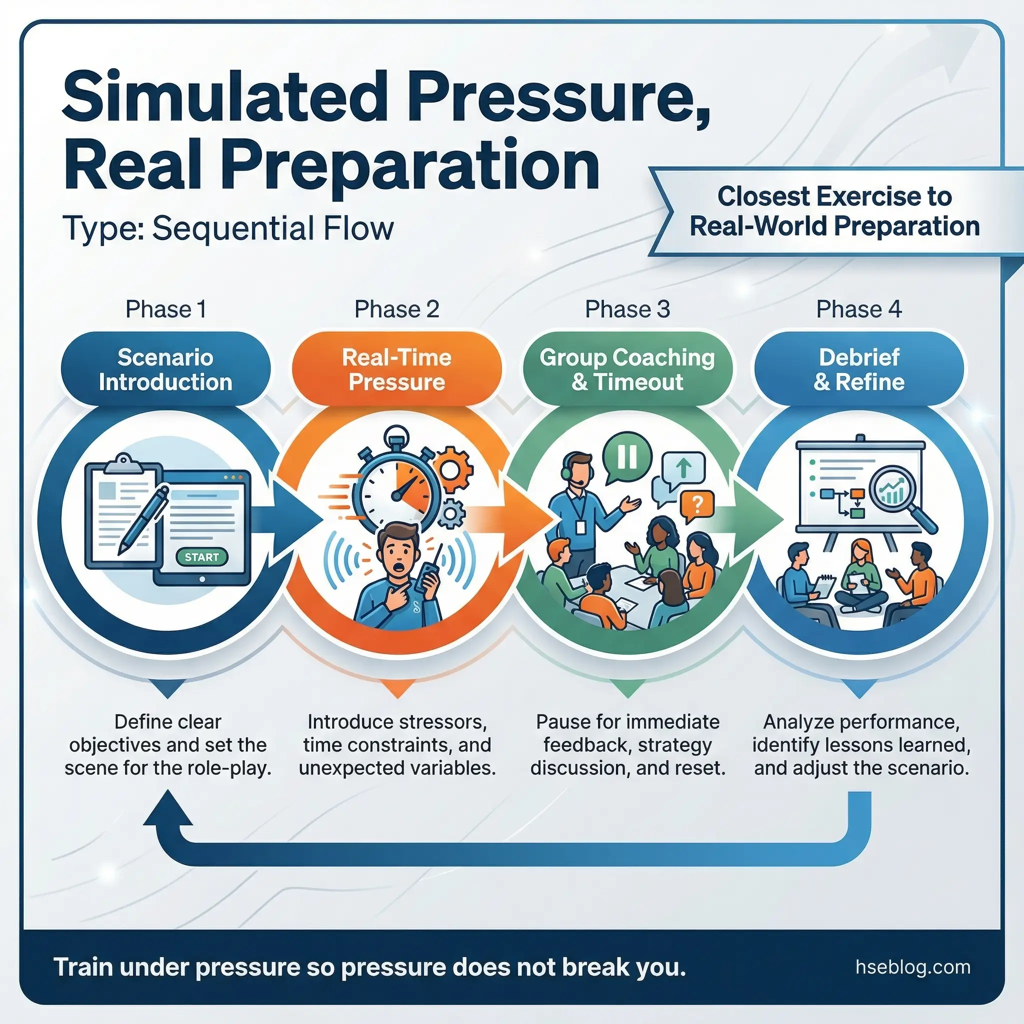 Infographic displaying four phases of a stress inoculation drill cycle for recovery groups — scenario introduction, real-time pressure application, group coaching and timeout, and debrief and refine — with a note that this is the closest exercise to real-world preparation.