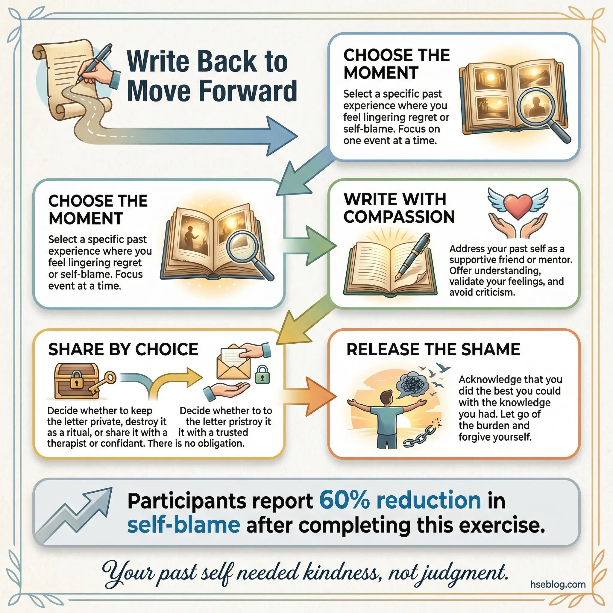 Infographic displaying four sequential stages of the letter to my past self recovery exercise — choose the moment, write with compassion, share by choice, and release the shame — with a stat showing 60 percent reduction in self-blame after completing the exercise.