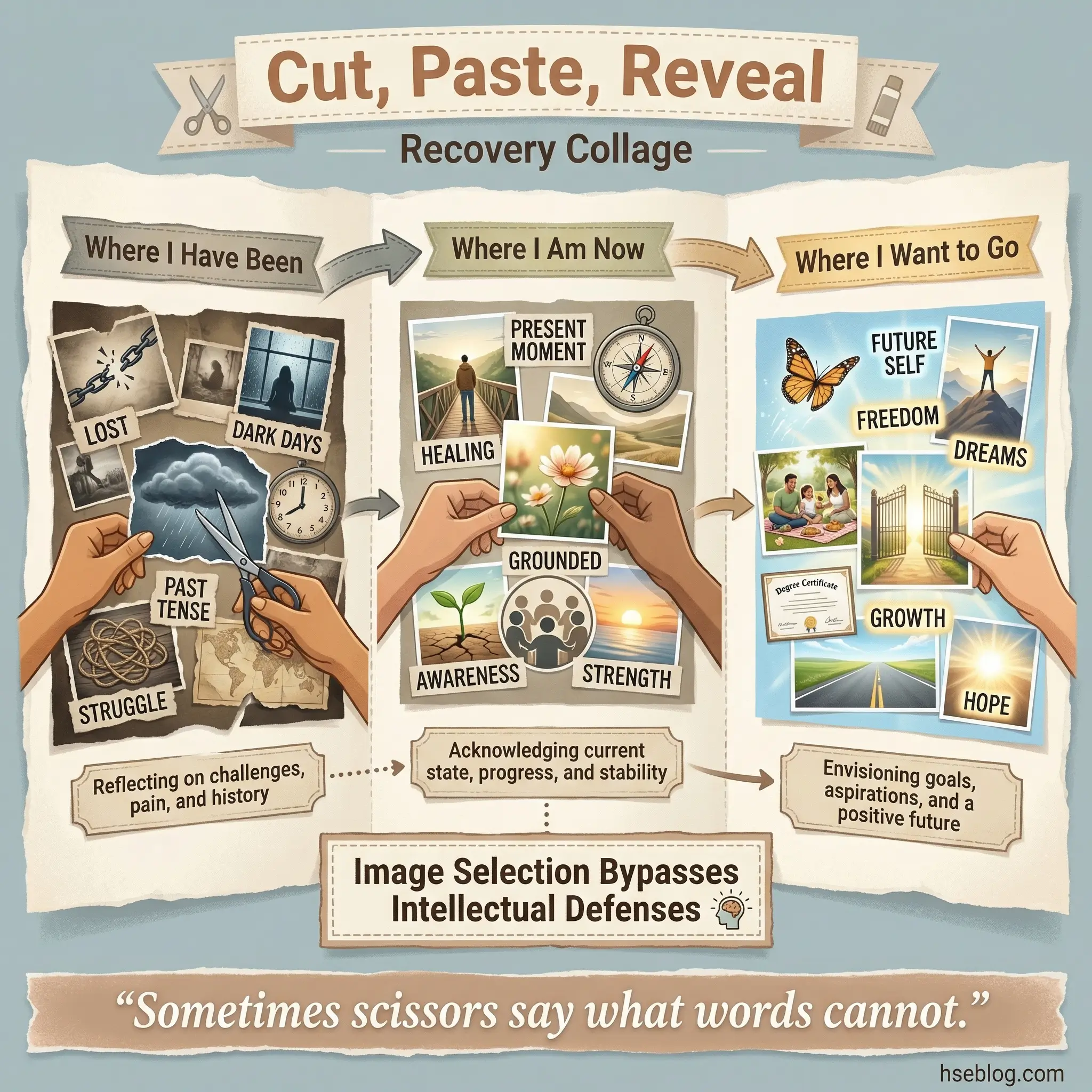 Infographic illustrating three phases of a recovery collage exercise arranged in a narrative arc — where I have been representing the past, where I am now representing the present, and where I want to go representing the future — with a note that image selection bypasses intellectual defenses.