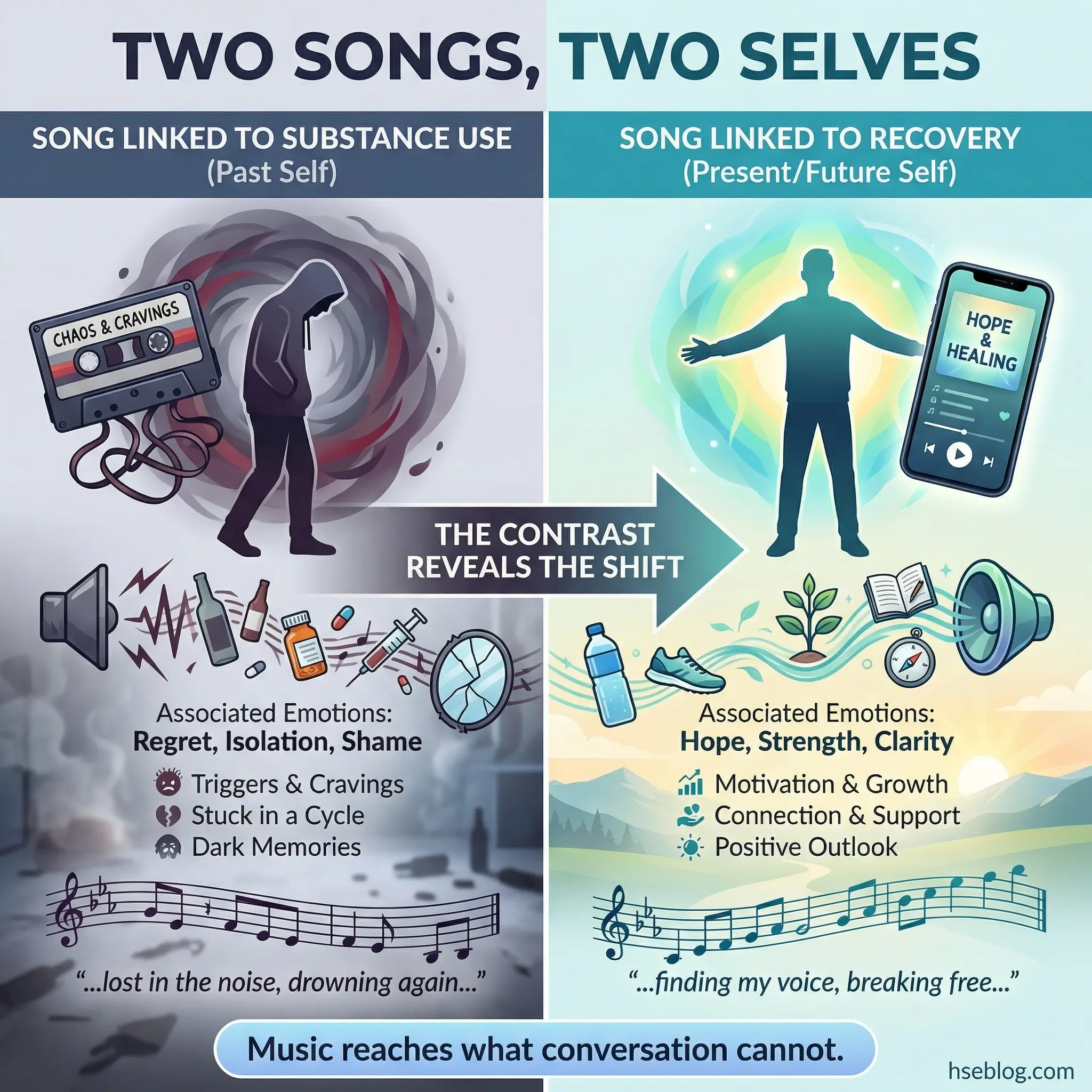 Infographic comparing two song selections in the music and memory mapping exercise — a song linked to substance use associated with the past self versus a song linked to recovery associated with the present and future self — with a central label stating the contrast reveals the shift.