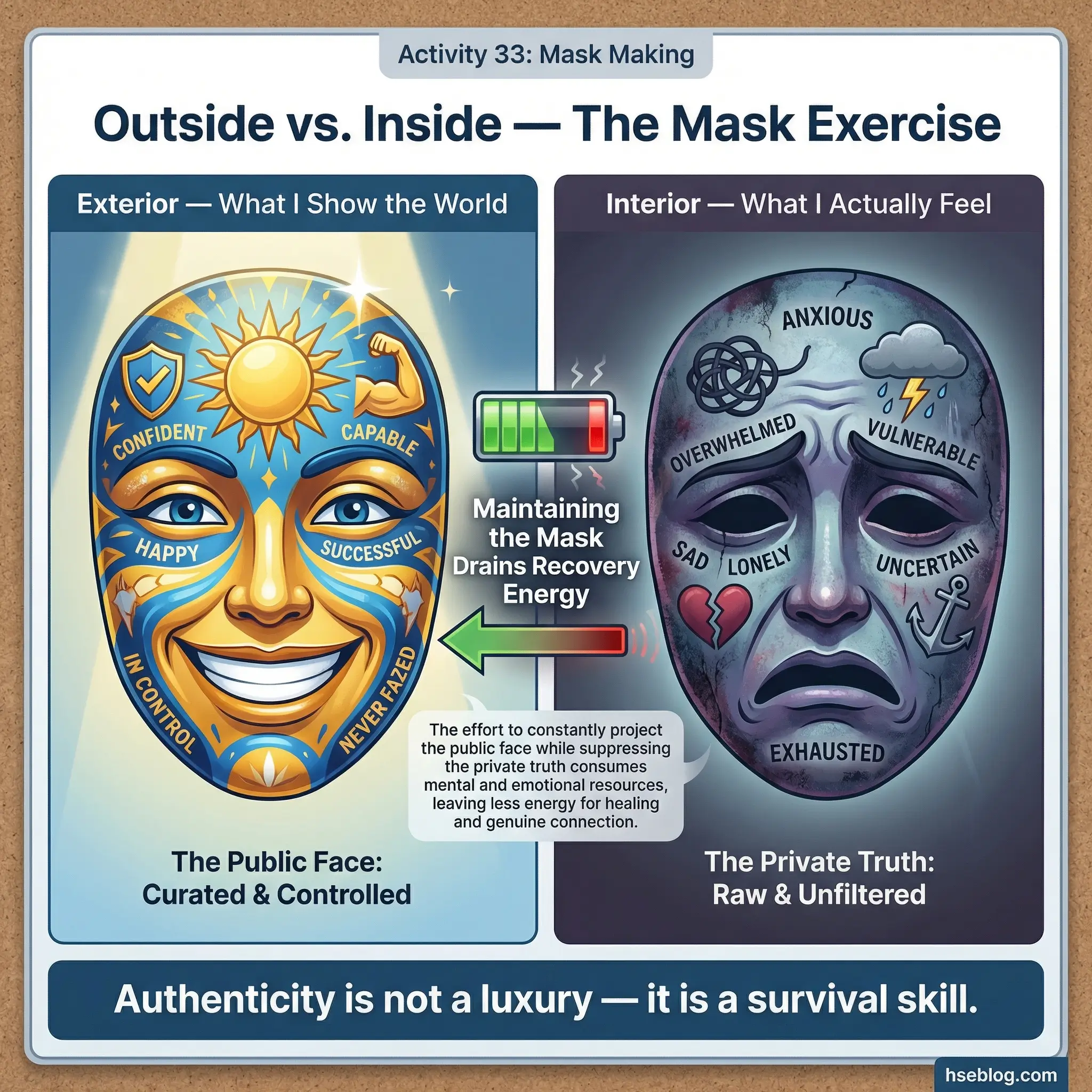 Infographic comparing the two surfaces of a recovery mask making exercise — the exterior showing what I present to the world versus the interior showing what I actually feel — with a central label that maintaining the mask drains recovery energy.