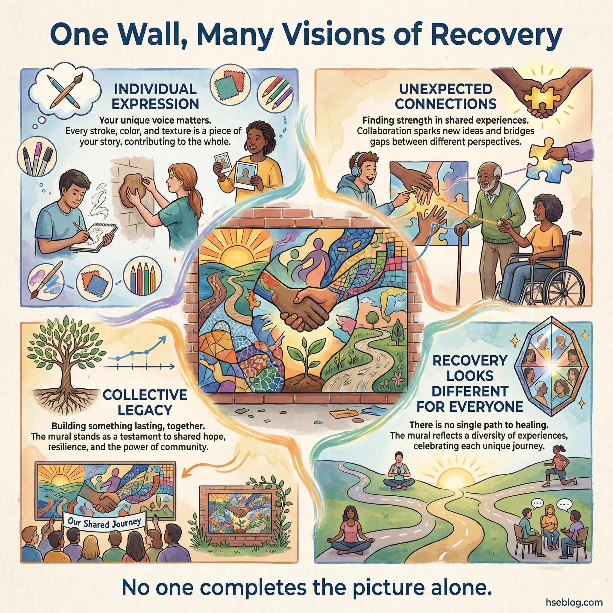 Infographic showing four collaborative themes of a group recovery mural exercise — individual expression, unexpected connections, collective legacy, and recovery looks different for everyone — arranged around a central mural concept.
