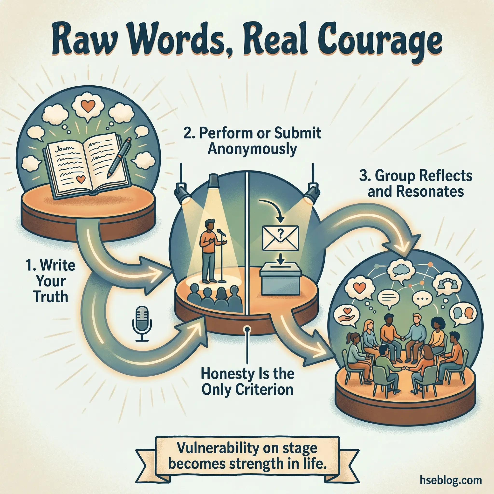 Infographic displaying three stages of a recovery poetry slam exercise — write your truth, perform or submit anonymously, and group reflects and resonates — with a note that honesty is the only criterion for participation.