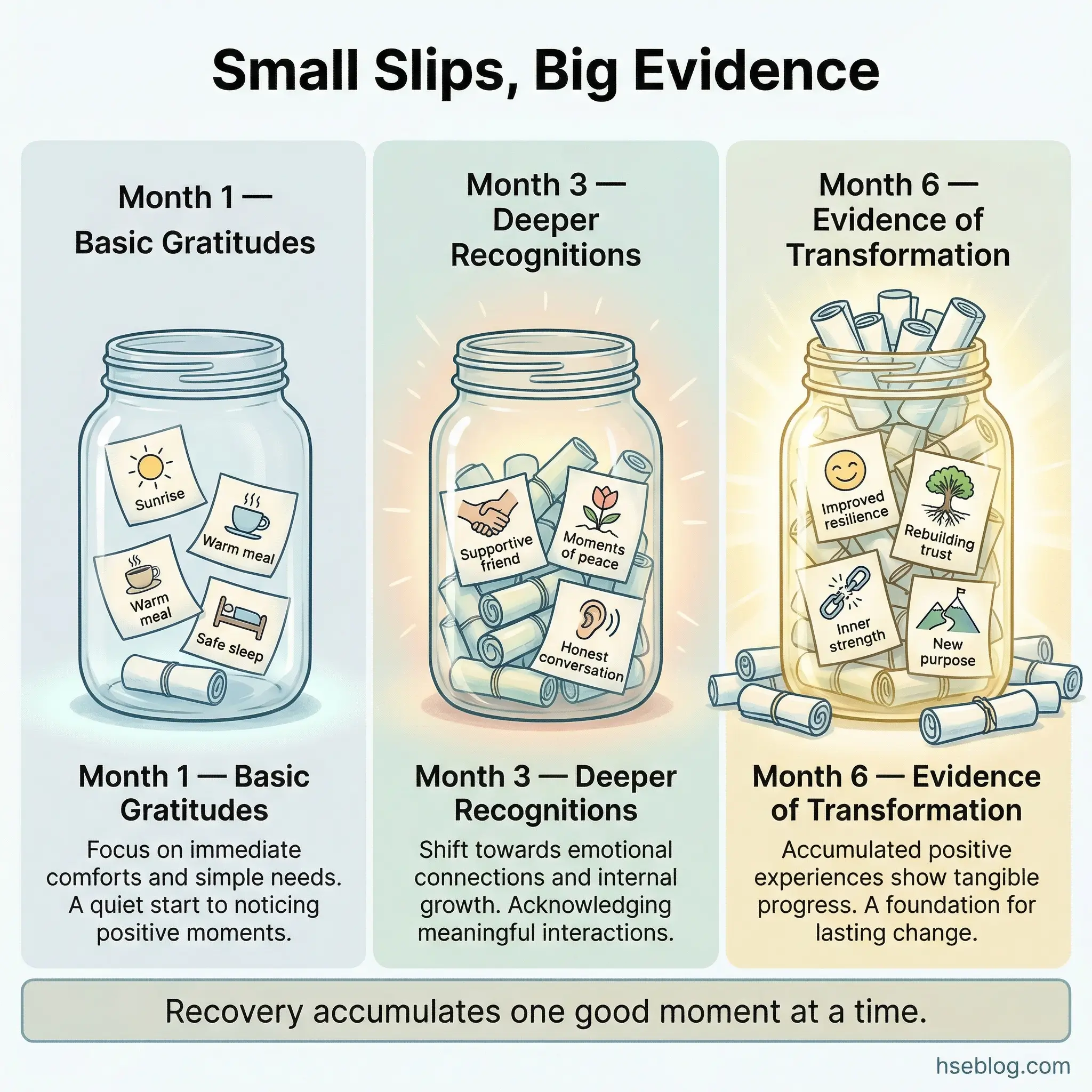 Infographic showing a gratitude jar filling over three monthly stages — month 1 with basic gratitudes, month 3 with deeper recognitions, and month 6 showing evidence of transformation — illustrating the cumulative nature of gratitude practice in recovery.