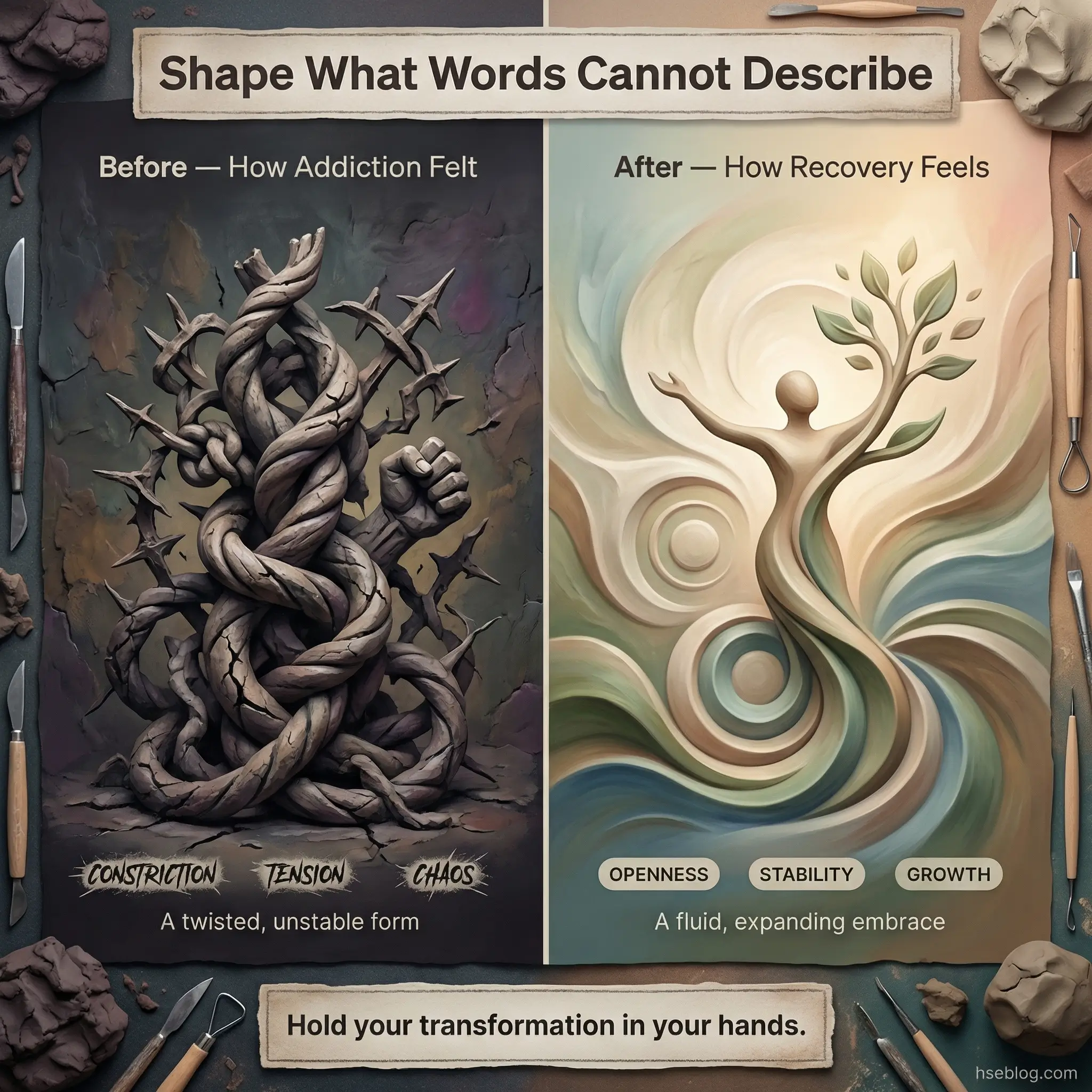 Infographic comparing two clay sculpting outcomes in a recovery exercise — a before sculpture representing how addiction felt associated with constriction, tension, and chaos versus an after sculpture representing how recovery feels associated with openness, stability, and growth.