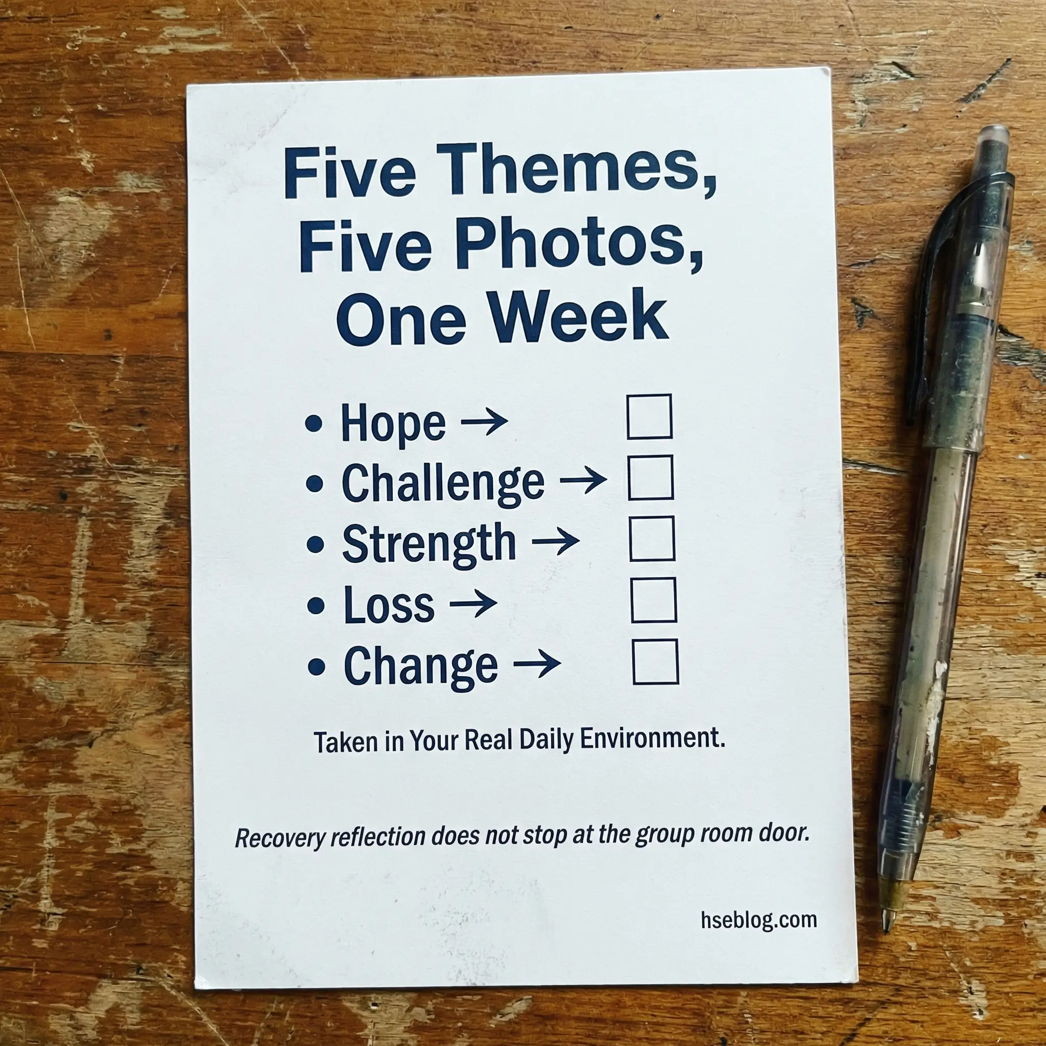 Infographic displaying five photography assignment themes for the photo voice recovery project arranged as a weekly challenge card — hope, challenge, strength, loss, and change — with a note that photos are taken in participants' real daily environments.