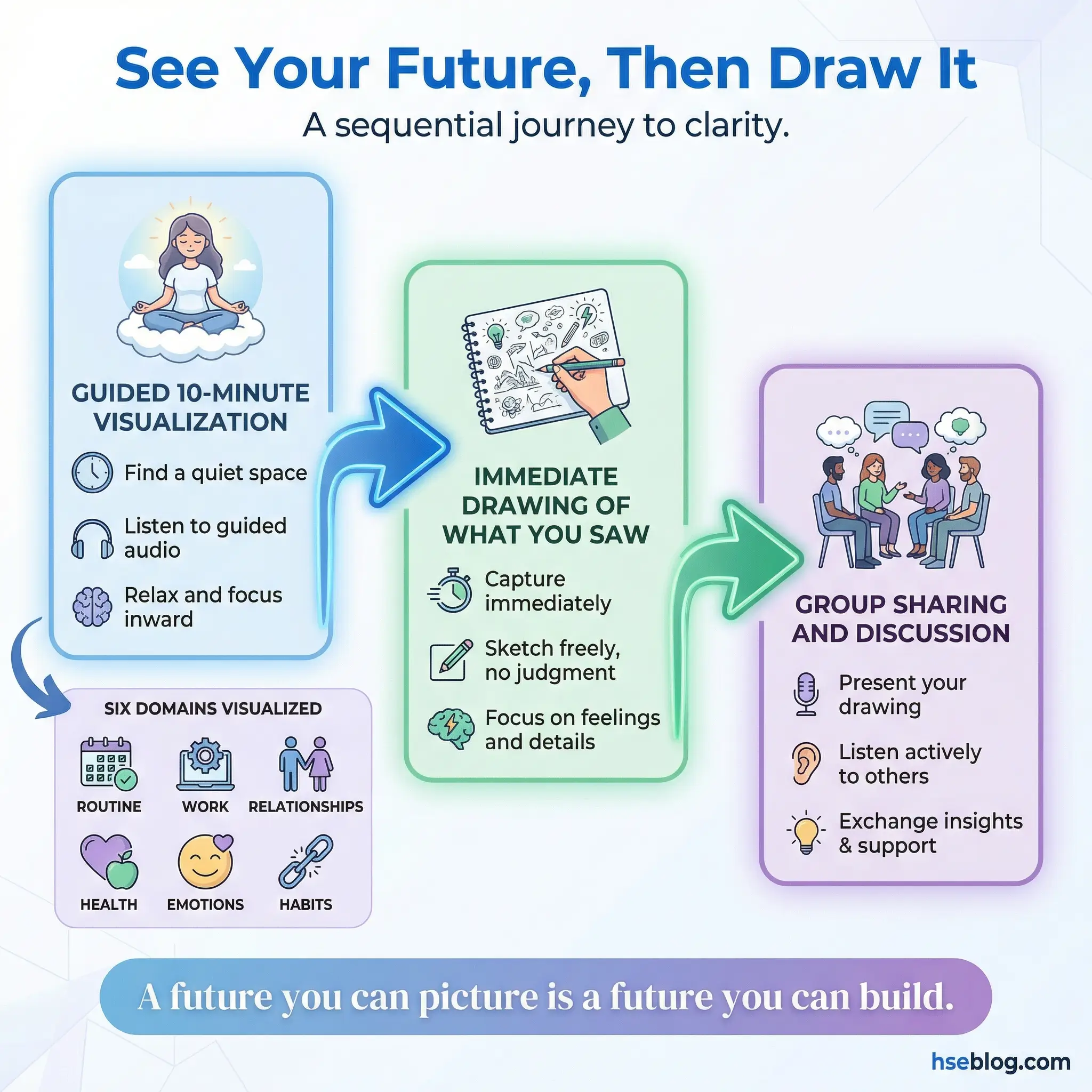 Infographic showing three sequential stages of the guided visualization and drawing exercise — a guided 10-minute visualization, immediate drawing of what participants saw, and group sharing and discussion — with six visualization domains including routine, work, relationships, health, emotions, and habits.