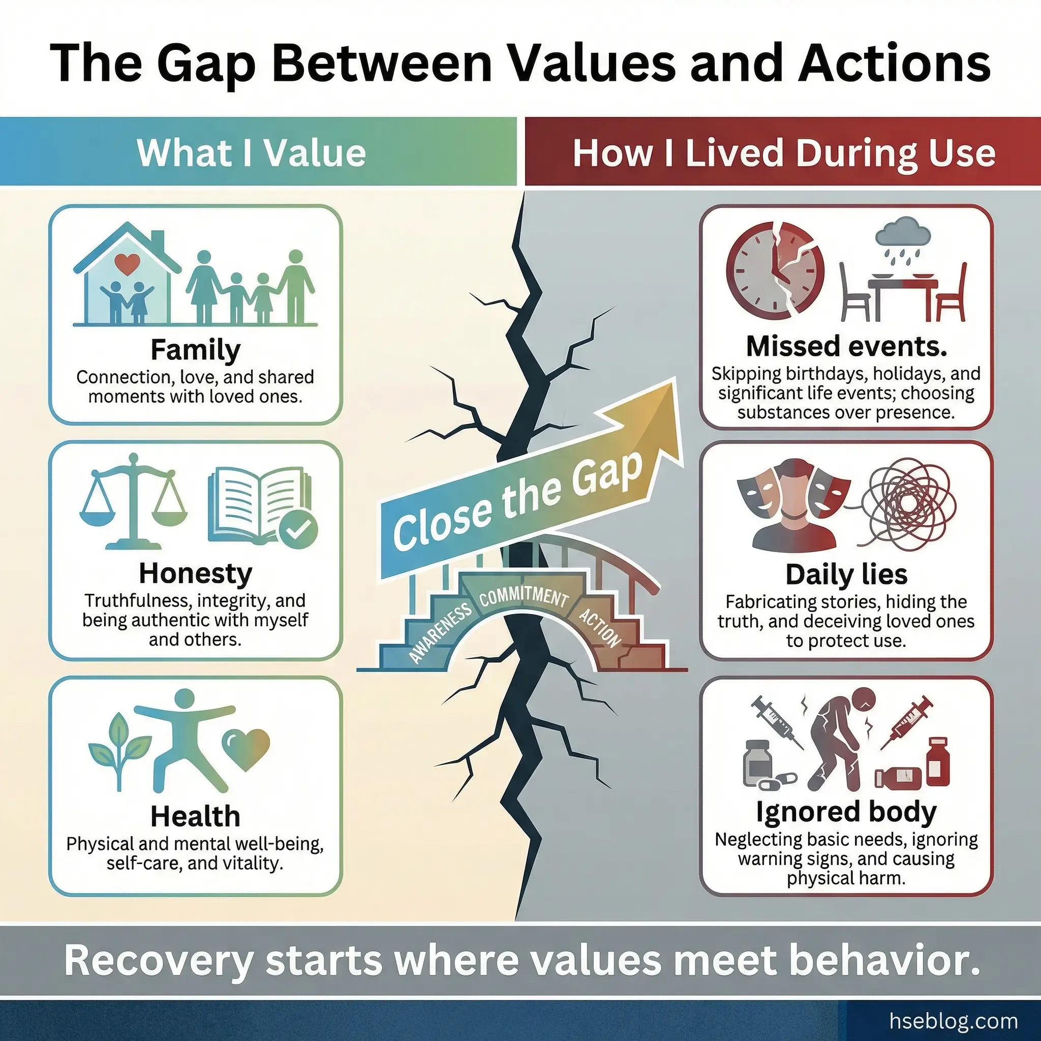 Infographic comparing stated personal values like family, honesty, and health against actual behaviors during substance use such as missed events, daily lies, and ignored body, with a central label reading close the gap.