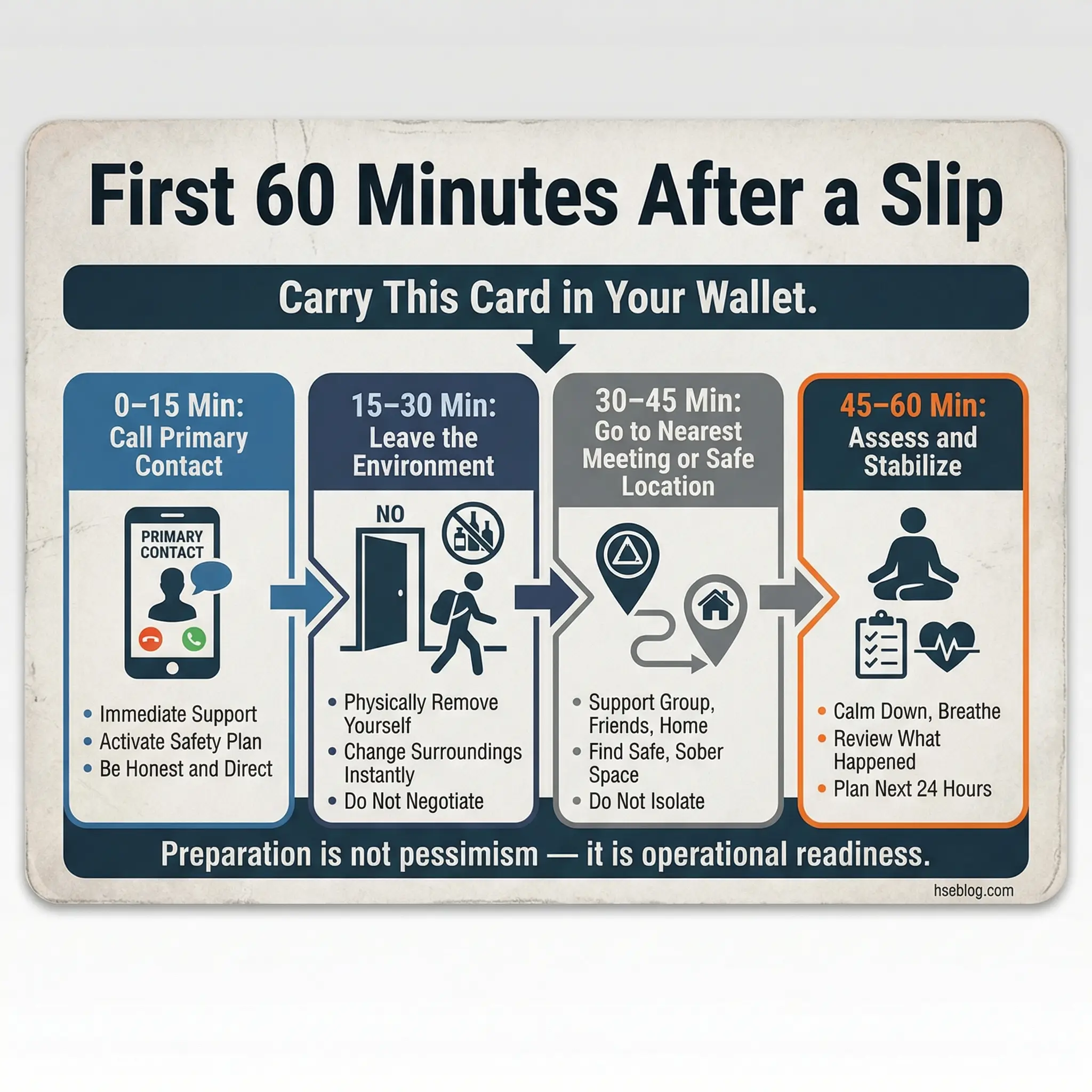 Infographic showing four timed response actions for the first 60 minutes after a substance abuse relapse slip — call primary contact at 0 to 15 minutes, leave the environment at 15 to 30 minutes, go to nearest safe location at 30 to 45 minutes, and assess and stabilize at 45 to 60 minutes — with a central label to carry this card in your wallet.