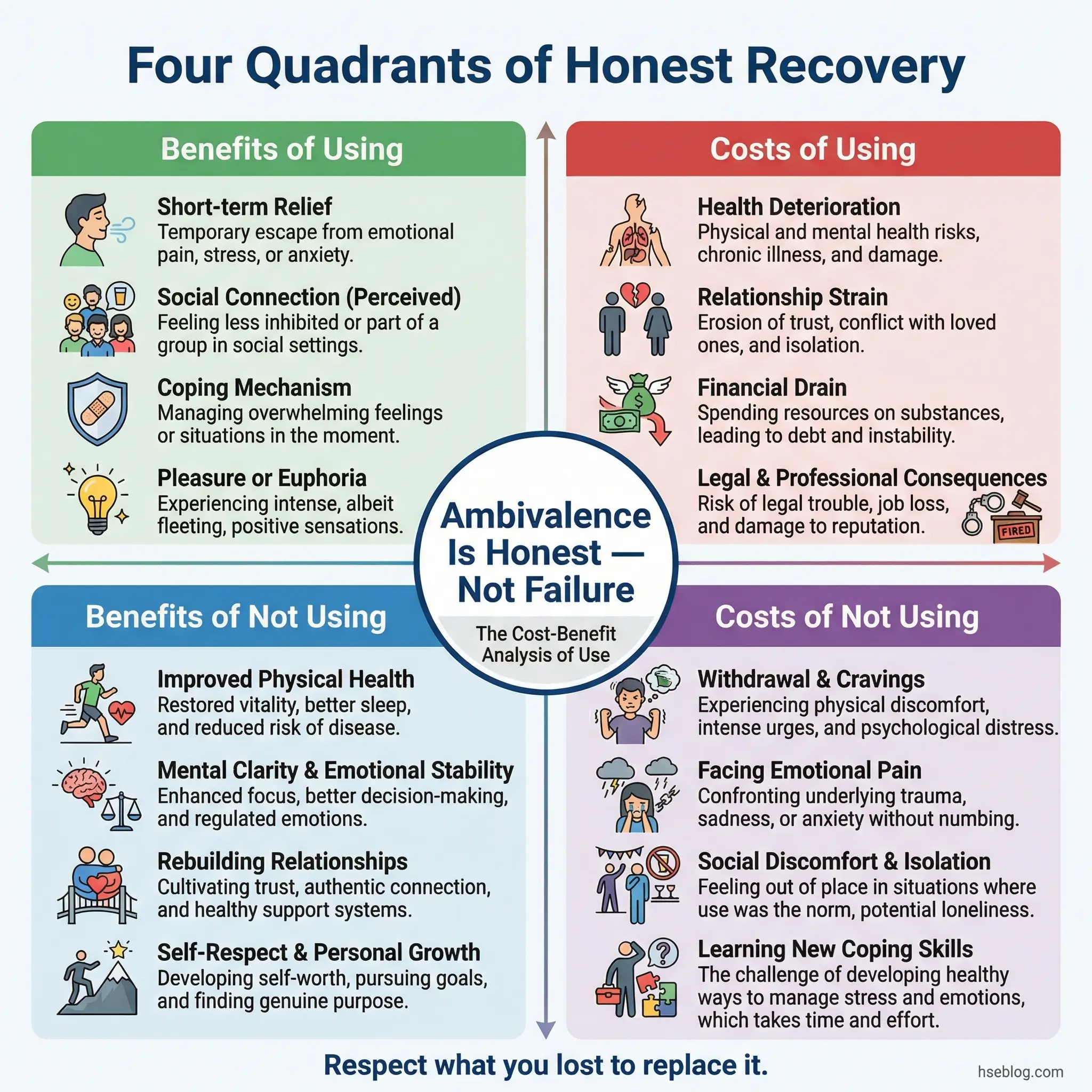Infographic displaying a four-quadrant cost-benefit grid for substance use recovery — benefits of using, costs of using, benefits of not using, and costs of not using — with a central message that ambivalence is honest and not failure.