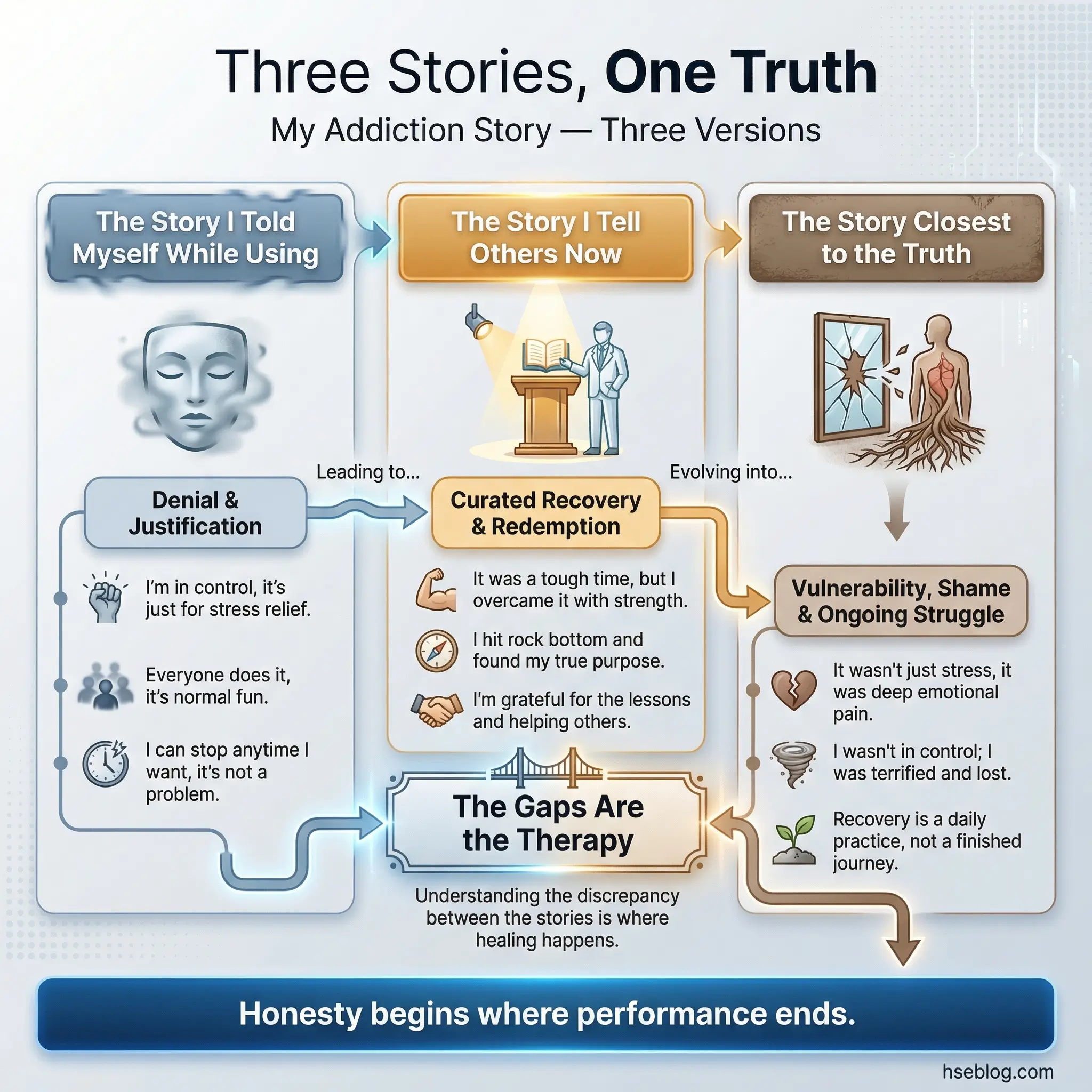 Infographic illustrating three progressive versions of a personal addiction story — the story told during active use, the story told to others now, and the story closest to the truth — with a central label stating the gaps between versions are the therapy.