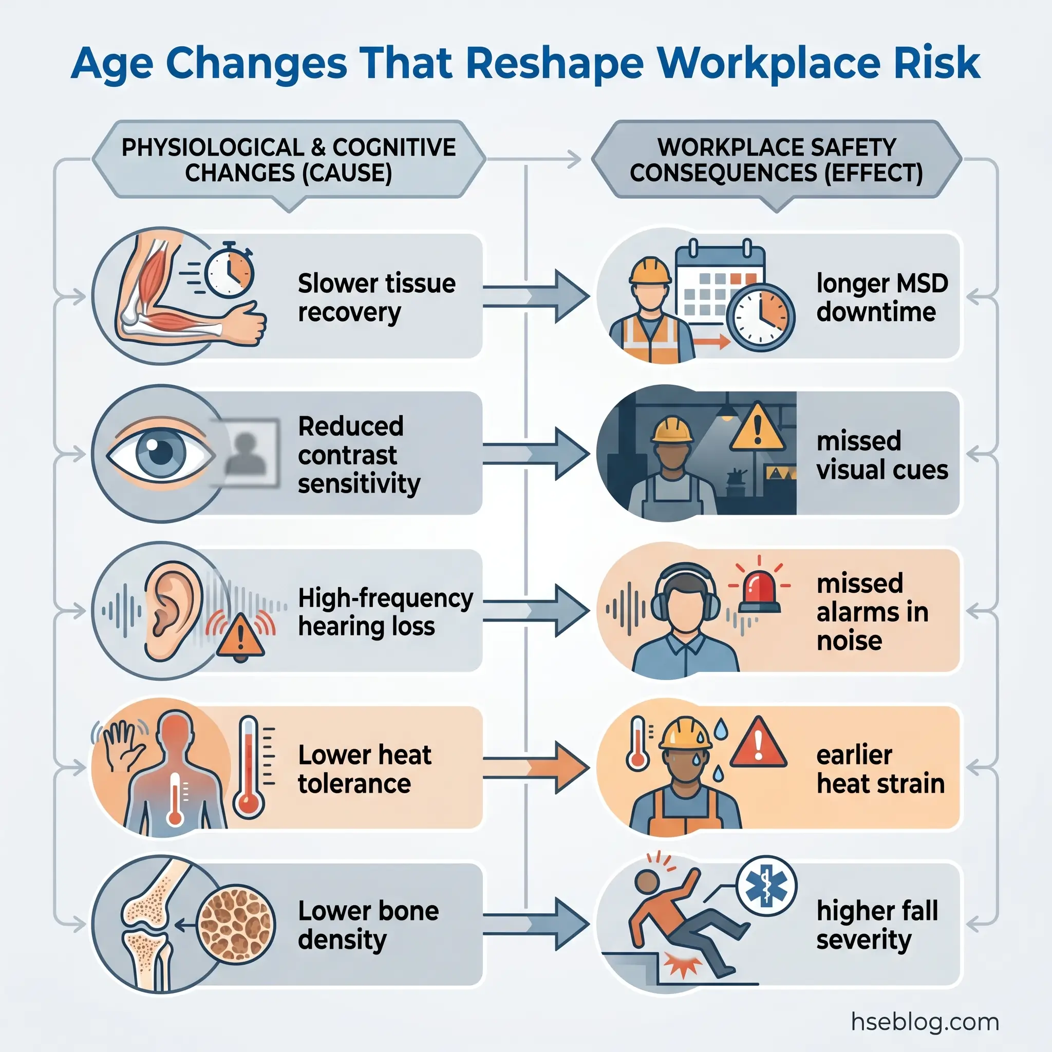 Infographic showing how age-related physiological changes like slower tissue recovery, reduced vision, hearing loss, lower heat tolerance, and reduced bone density increase workplace safety risks including musculoskeletal injuries, missed hazards, and fall severity.