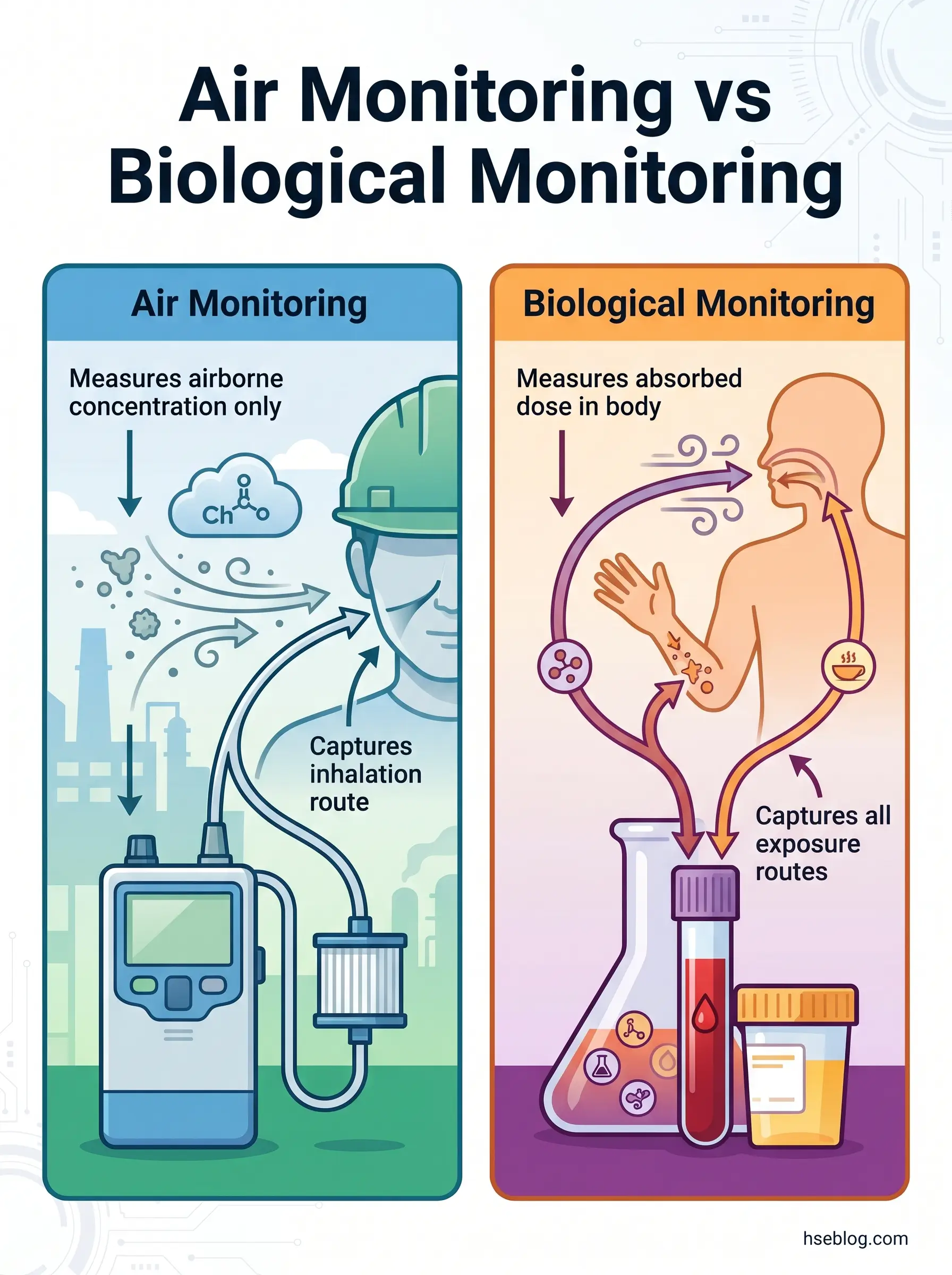 Infographic comparing air monitoring and biological monitoring methods, showing how air monitoring measures airborne chemical concentrations while biological monitoring measures absorbed dose in the human body through multiple exposure routes.