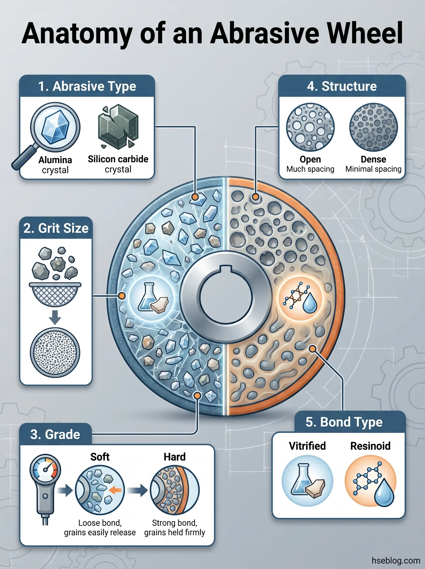 Diagram showing the five main components of an abrasive wheel: abrasive types like alumina and silicon carbide, grit size gradation, hardness grade, structural density, and bond types including vitrified and resinoid materials.