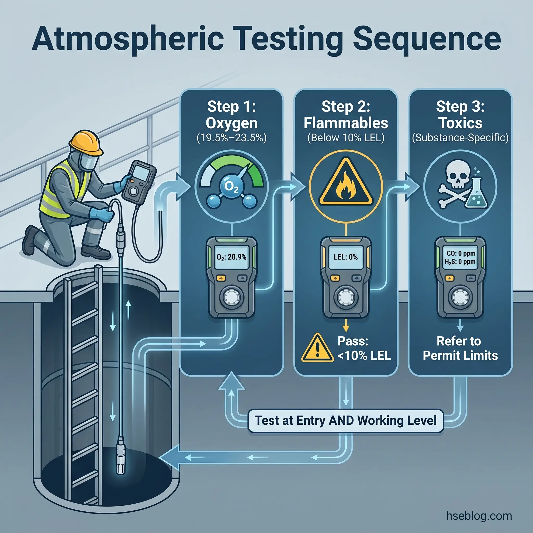 Infographic showing a three-step atmospheric testing sequence for confined spaces, displaying oxygen, flammables, and toxics measurements with a worker using detection equipment at a tank entry point.