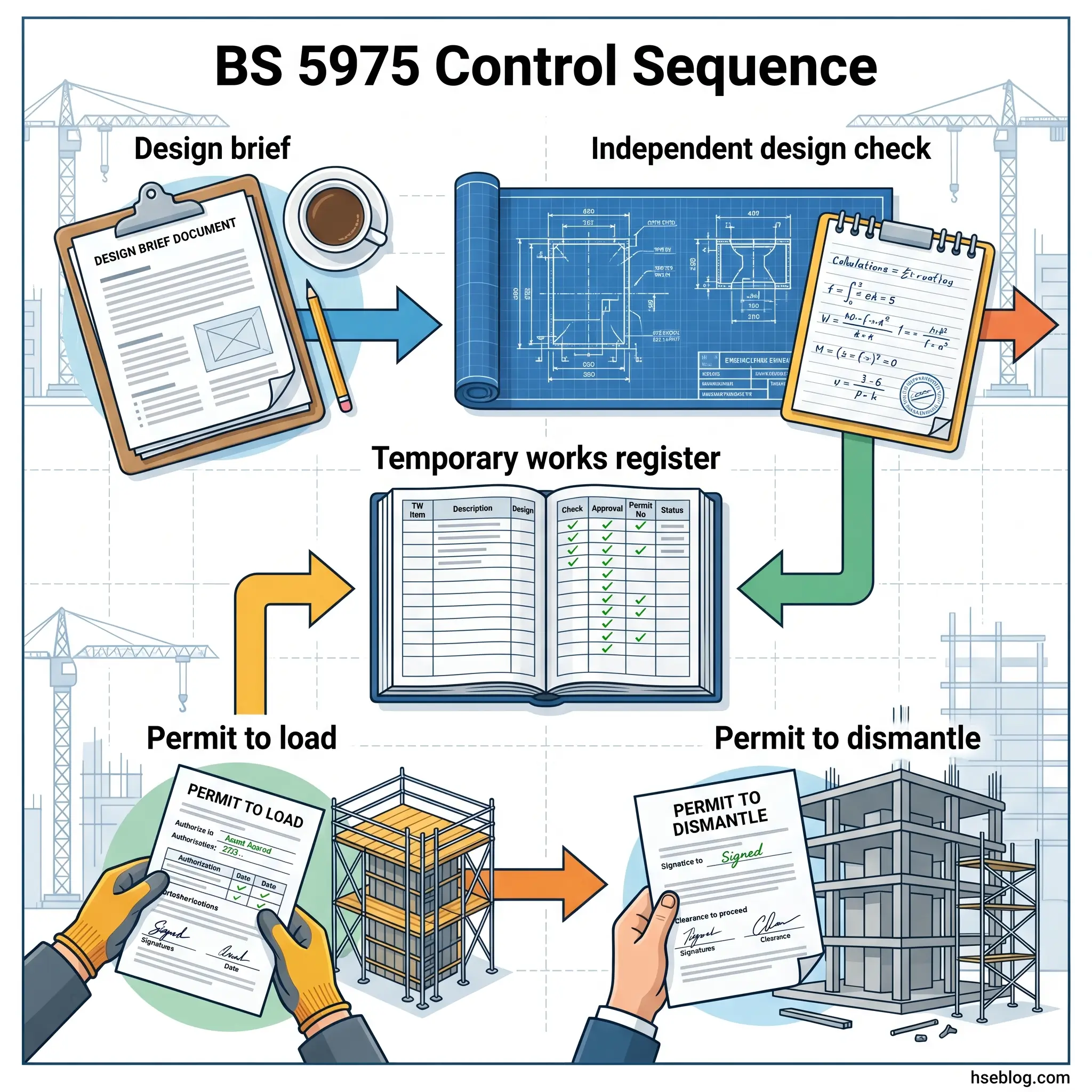 Infographic showing the BS 5975 construction control sequence with five stages: design brief, independent design check, temporary works register, permit to load, and permit to dismantle, illustrated with construction site imagery and documents.