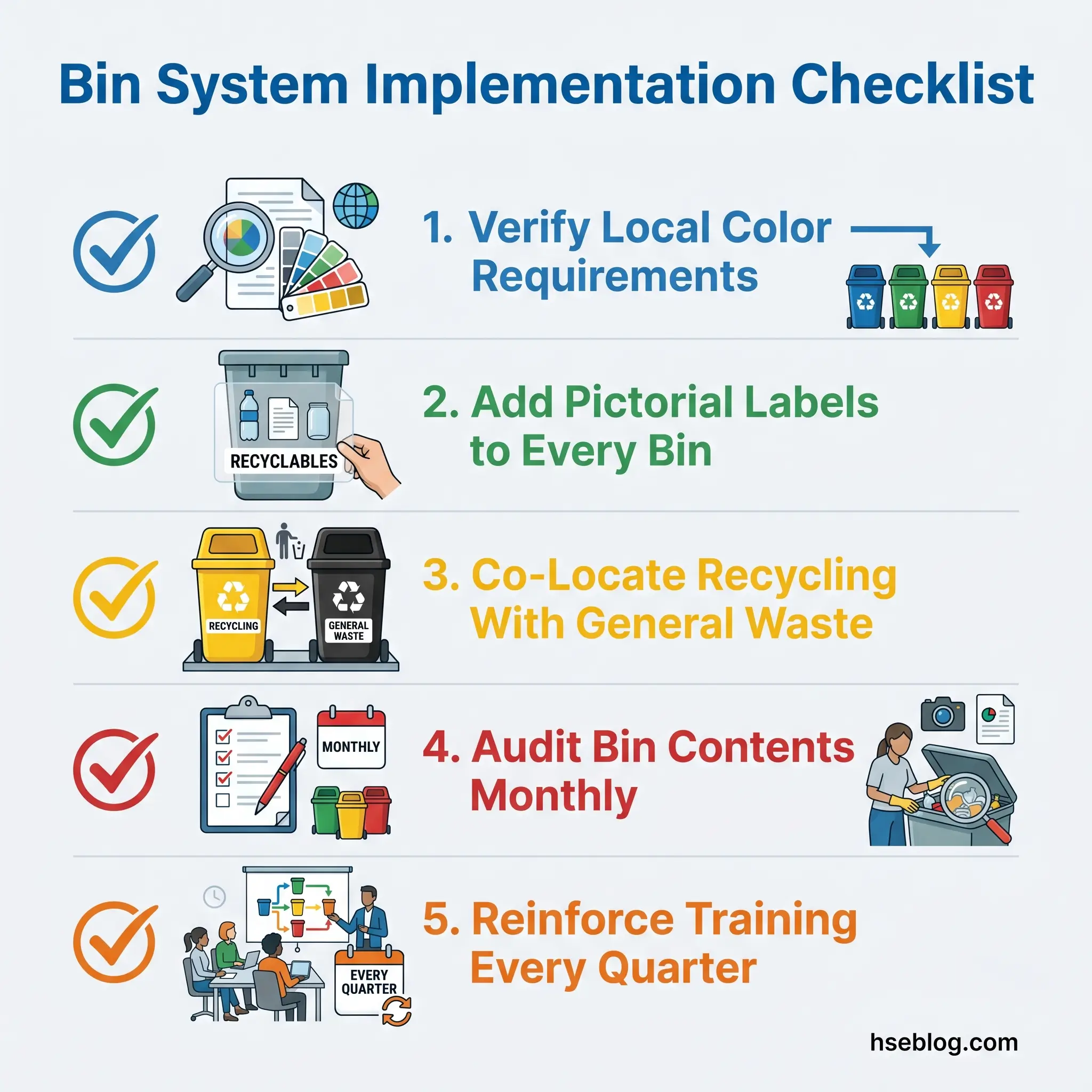 Infographic showing five steps for implementing a bin system: verify local color requirements, add pictorial labels to bins, co-locate recycling with general waste, audit bin contents monthly, and reinforce training quarterly.