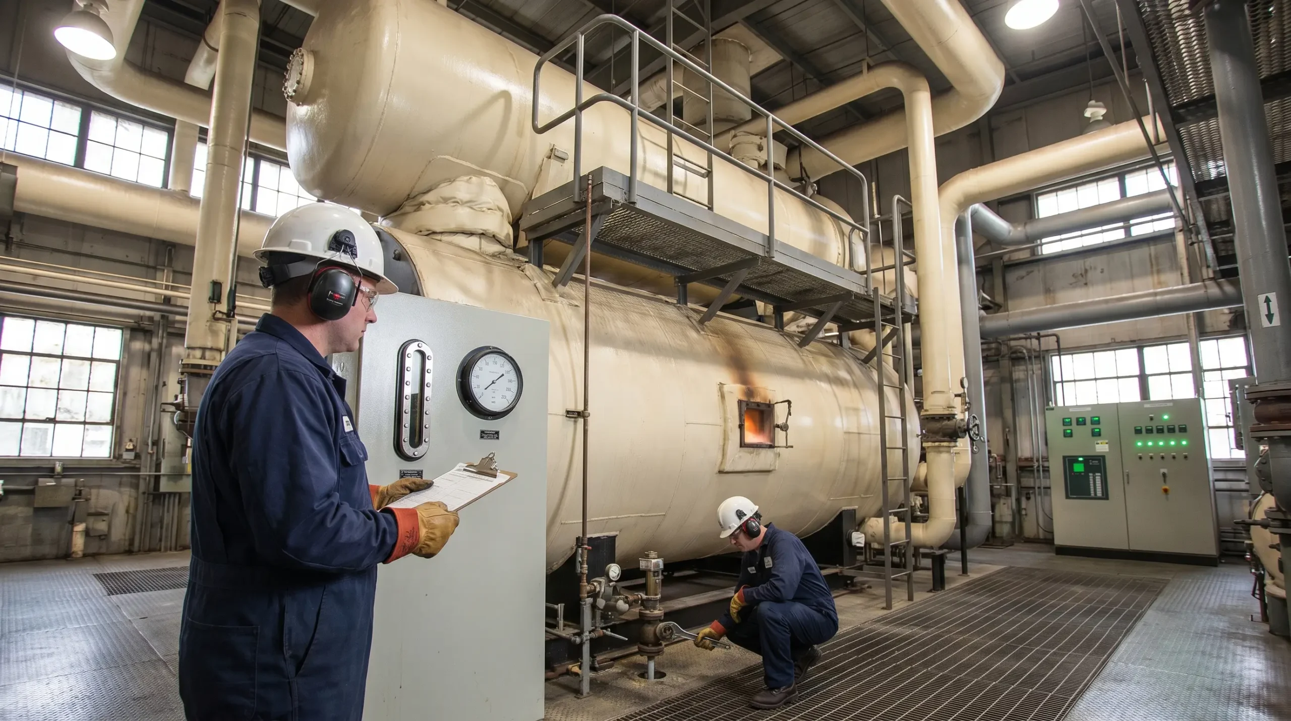 Two industrial workers in safety gear inspect a large cylindrical pressure vessel in a factory with control panels and piping systems visible in the background.