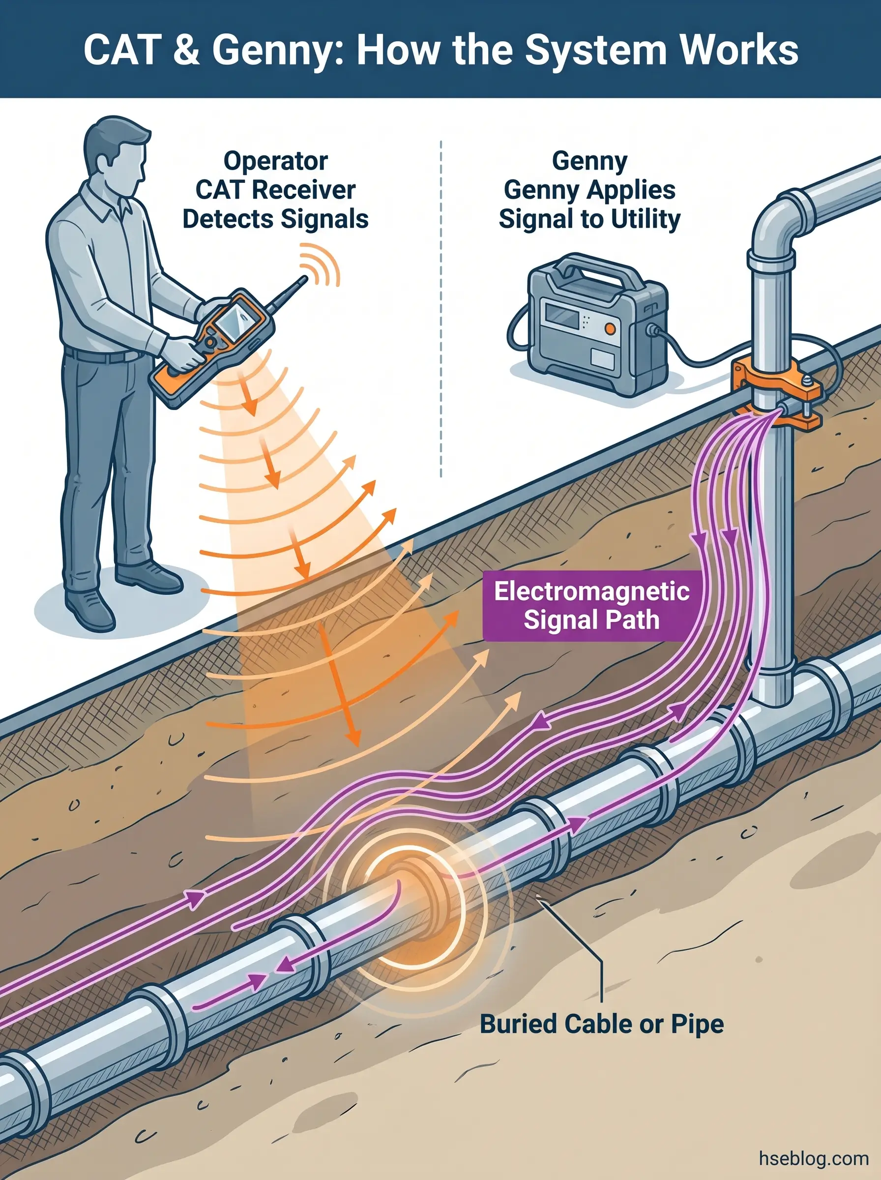 Diagram showing how CAT and Genny technology works together to detect and locate buried cables and pipes underground using electromagnetic signals.