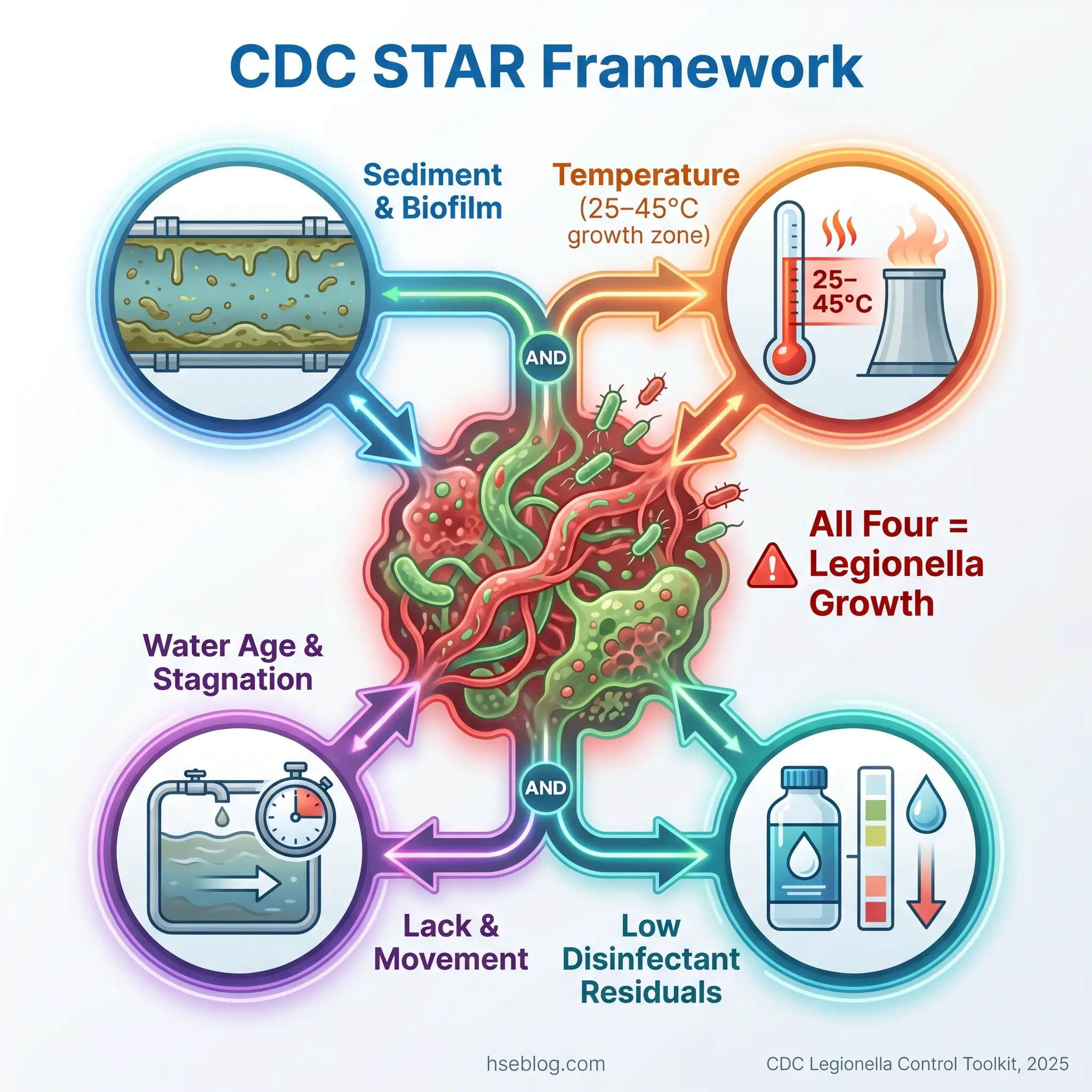CDC STAR Framework diagram showing four interconnected conditions that promote Legionella growth: sediment and biofilm, temperature between 25-45 degrees Celsius, water age and stagnation, and low disinfectant residuals.