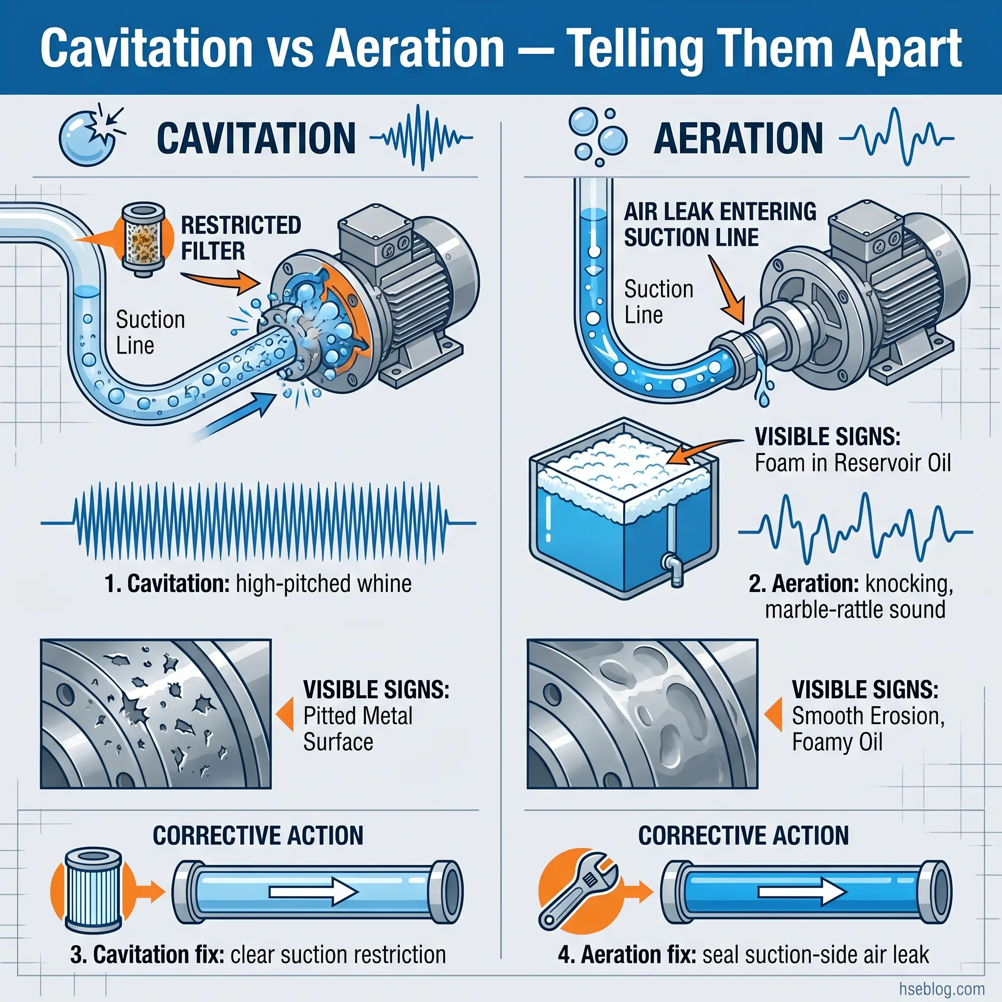 Infographic comparing cavitation and aeration in pump systems, showing causes, sound signatures, visible damage signs, and corrective maintenance actions for each condition.