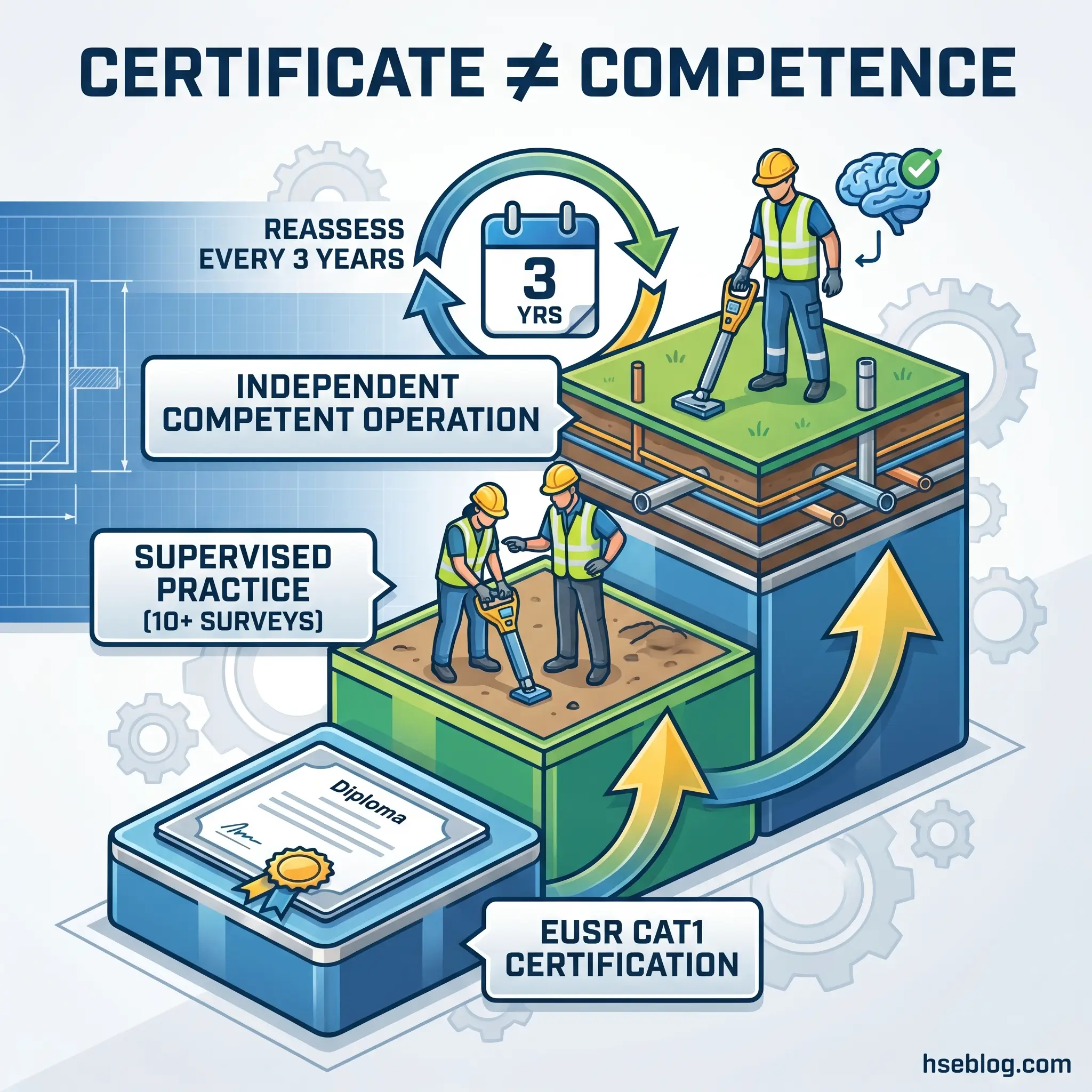 Infographic showing the progression from EUSR CAT1 certification through supervised practice with 10+ surveys, to independent competent operation, with reassessment required every 3 years.