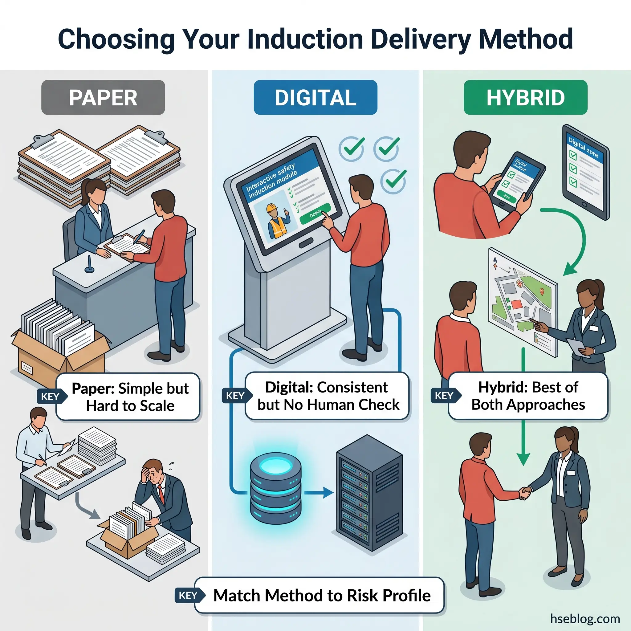 Three induction delivery methods compared: paper-based with face-to-face interaction, digital kiosk system, and hybrid approach combining both technologies with in-person support.