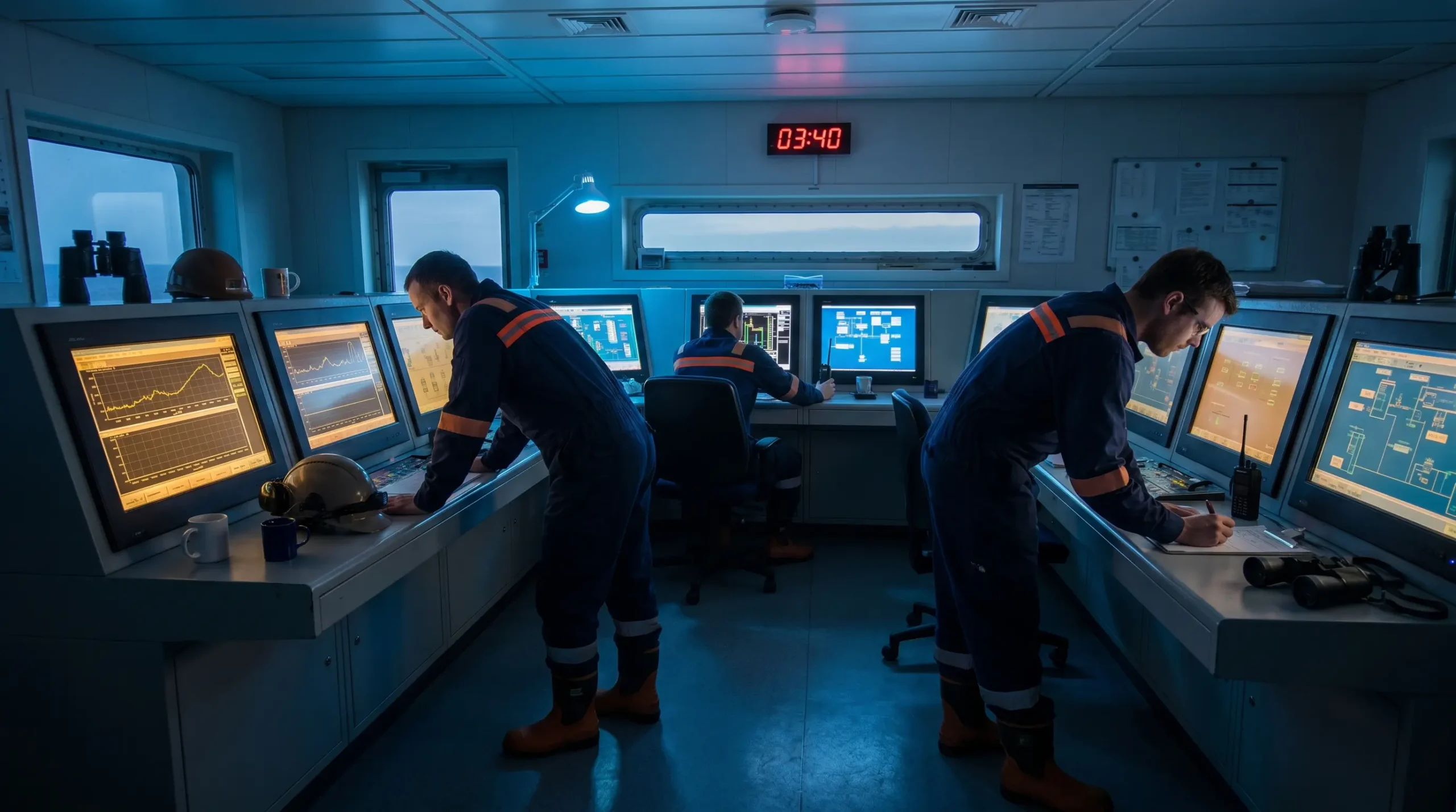 Control room operators in safety gear monitor multiple screens displaying data charts and system interfaces at a modern command center during early morning shift.