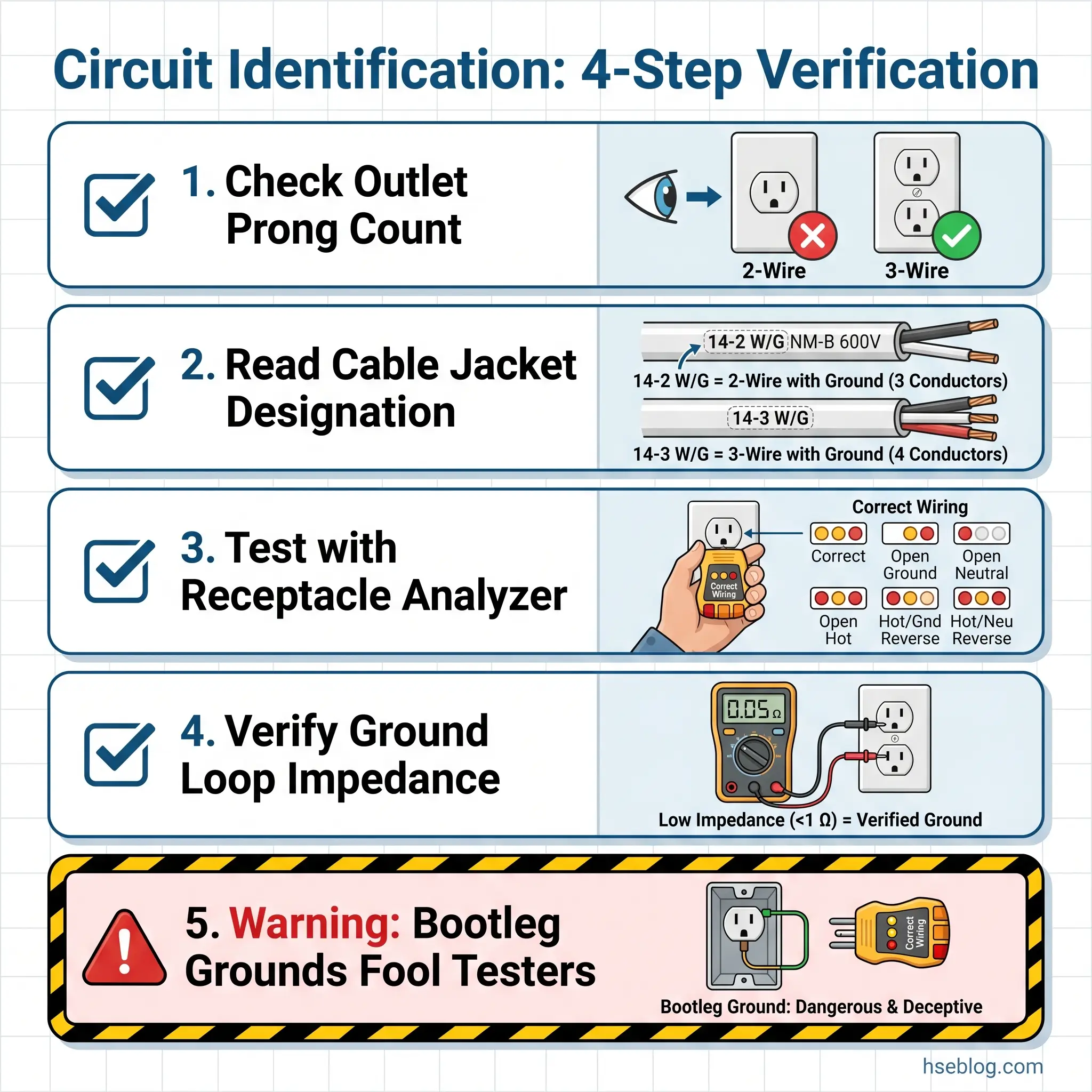 Four-step electrical circuit verification process showing how to check outlet prong count, read cable jacket designations, test with a receptacle analyzer, and verify ground loop impedance for safe wiring.