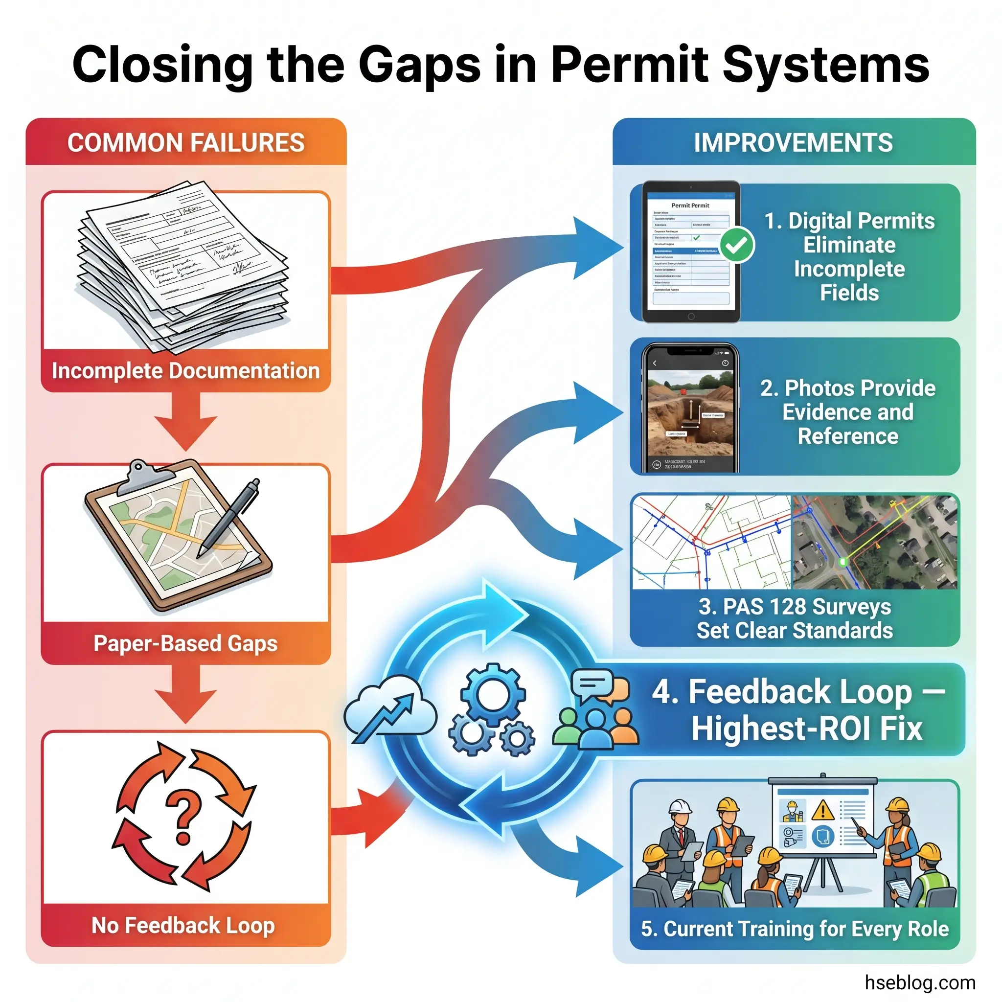Infographic showing three common permit system failures on the left—incomplete documentation, paper-based gaps, and no feedback loop—connected to five improvement solutions on the right including digital permits, photo evidence, PAS 128 surveys, feedback loops, and training.