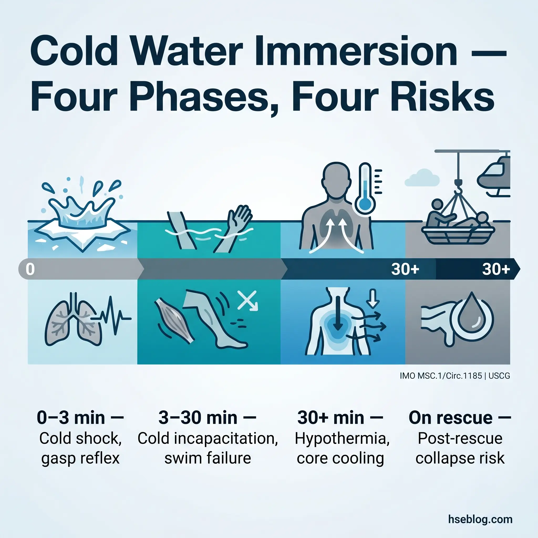 Infographic showing four phases of cold water immersion risks over time: cold shock in 0-3 minutes, cold incapacitation from 3-30 minutes, hypothermia after 30 minutes, and post-rescue collapse risk, with corresponding physiological symptoms illustrated.
