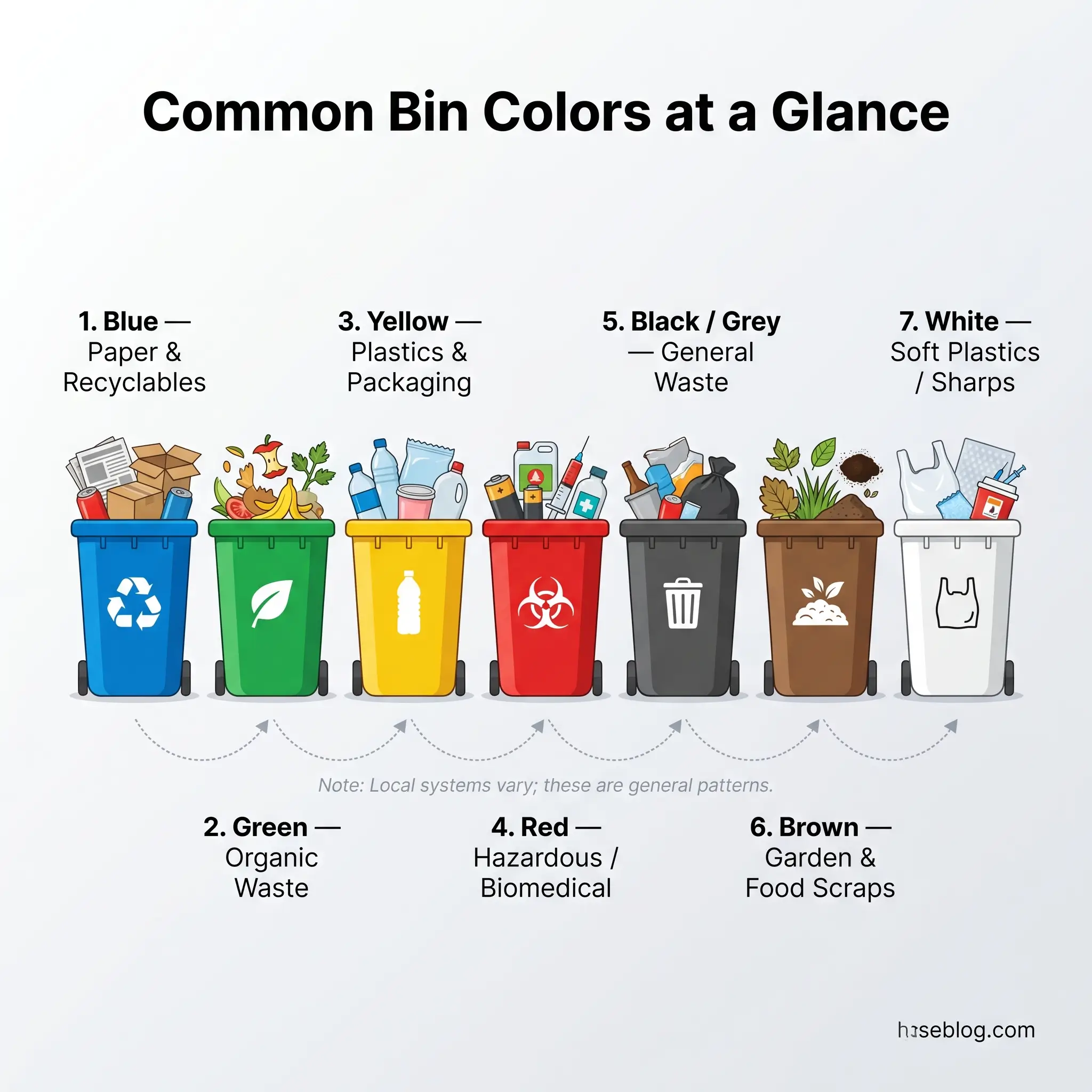 Infographic showing seven colored waste bins labeled with their purposes: blue for paper and recyclables, green for organic waste, yellow for plastics and packaging, red for hazardous materials, gray for general waste, brown for garden and food scraps, and white for soft plastics and sharps.